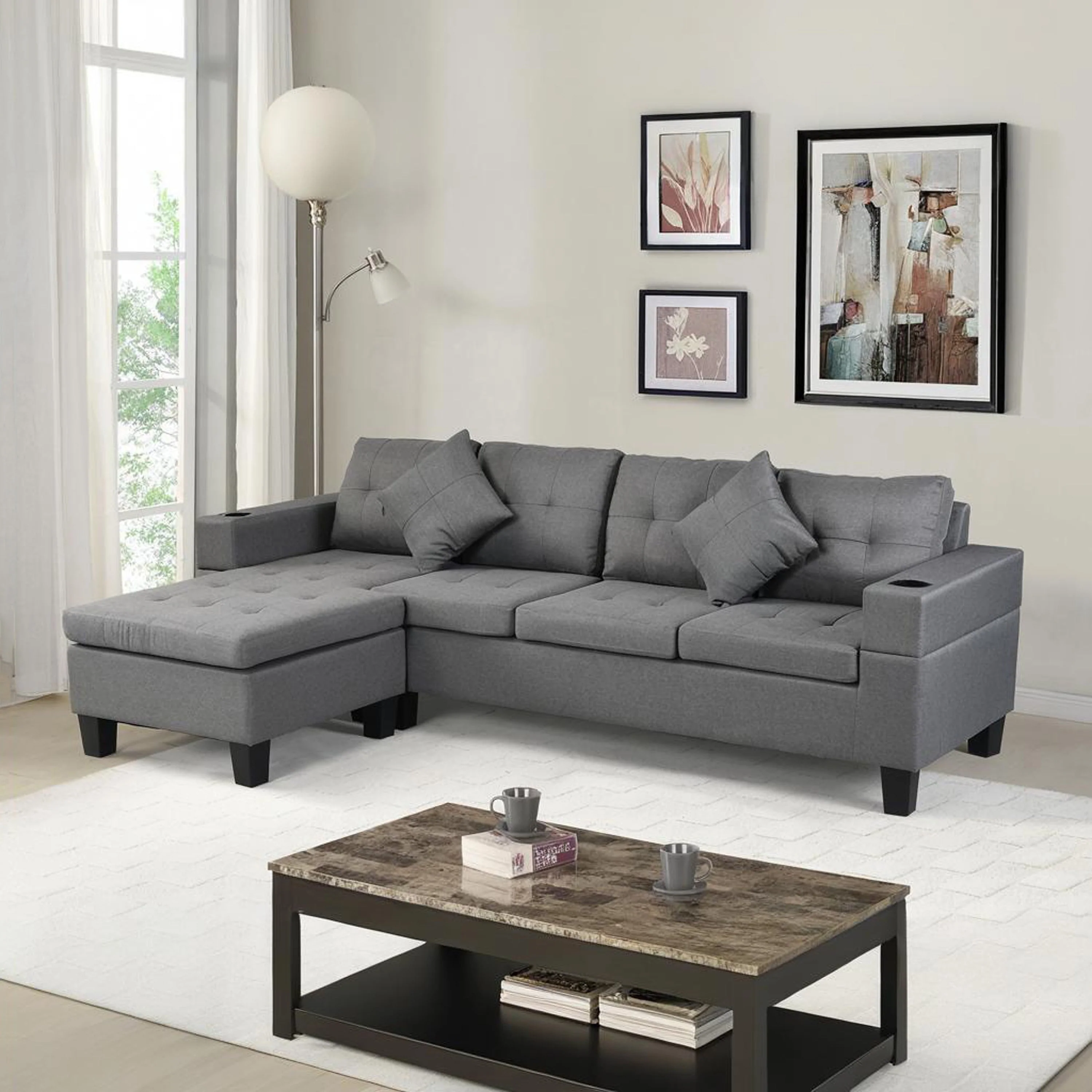 Modern Sectional Sofa Set with L Shape Chaise Lounge and Cup Holders - Image 2