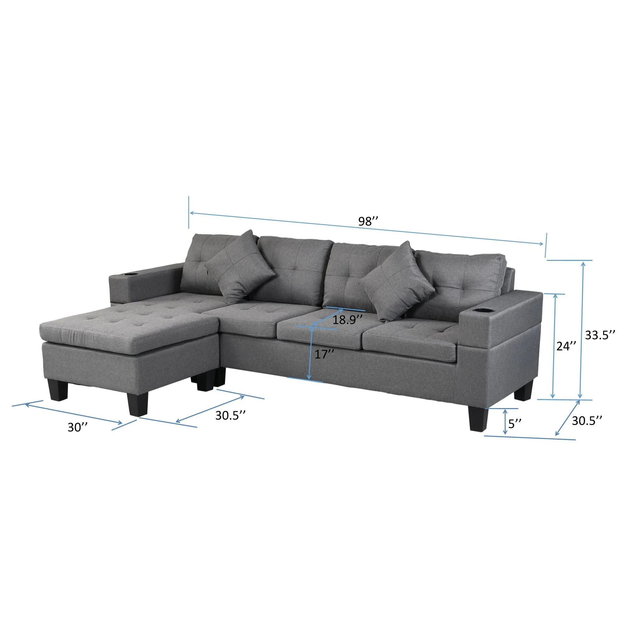 Modern Sectional Sofa Set with L Shape Chaise Lounge and Cup Holders - Image 3