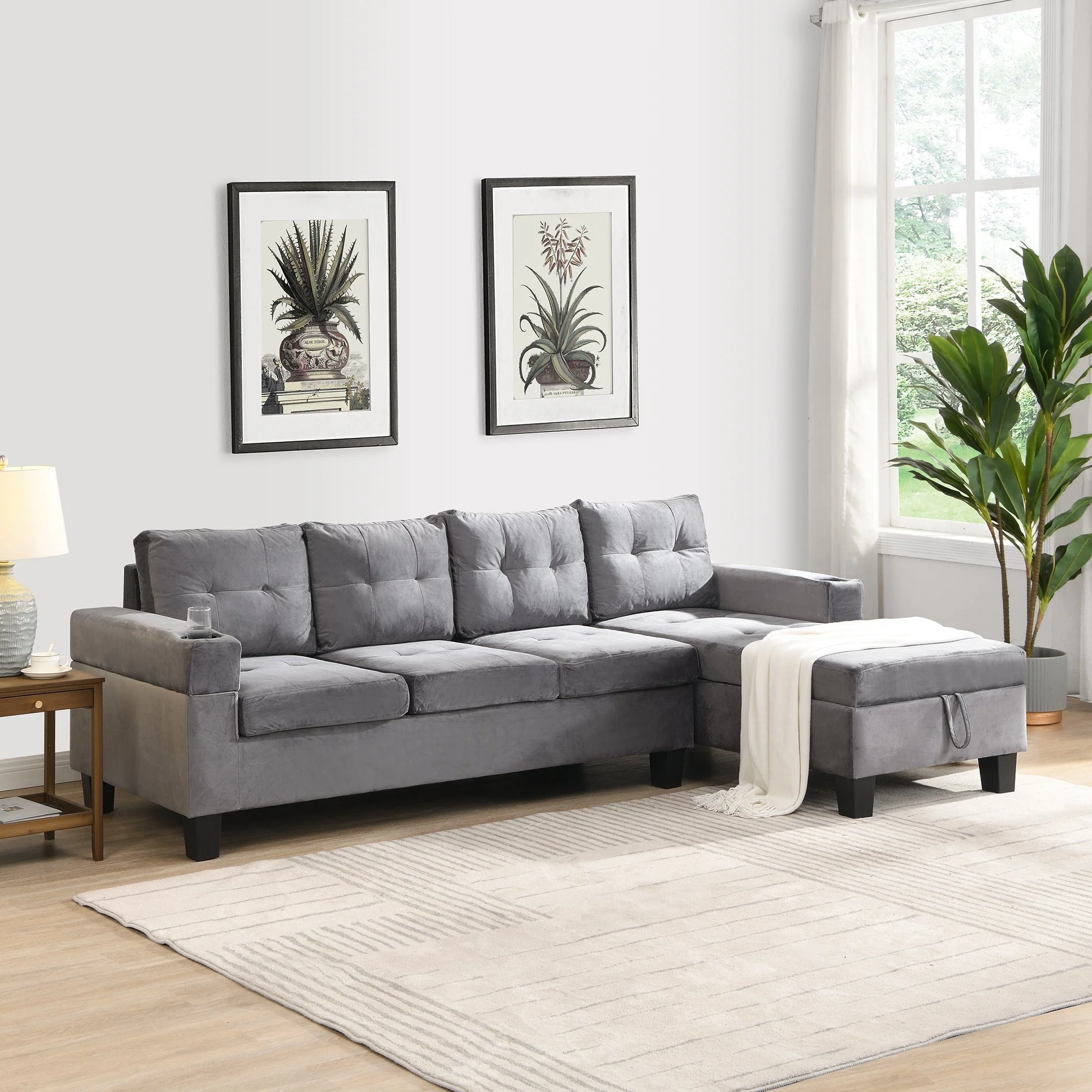 Modern Sectional Sofa Set with L Shape Chaise Lounge and Storage in Grey Velvet Fabric - Image 2