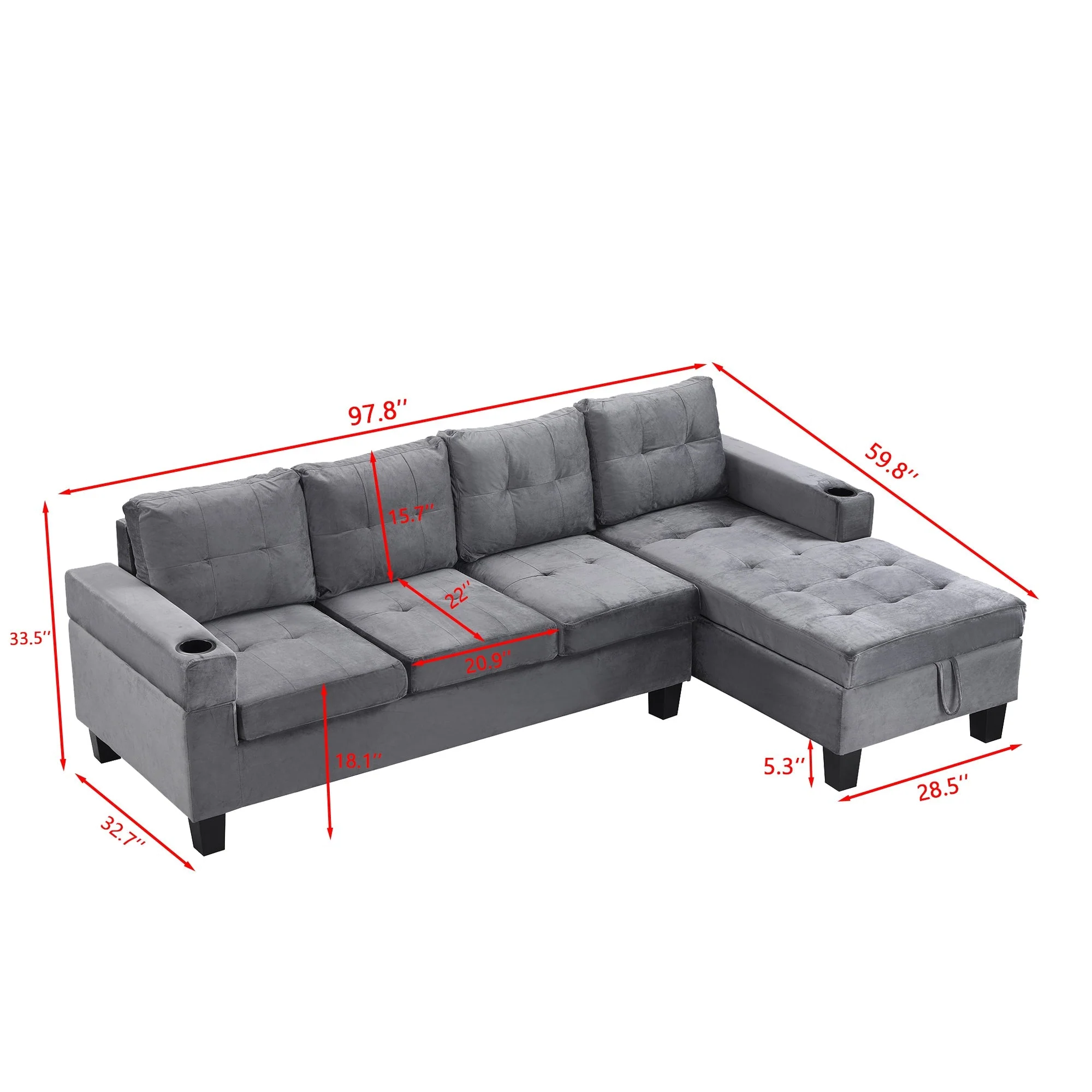 Modern Sectional Sofa Set with L Shape Chaise Lounge and Storage in Grey Velvet Fabric - Image 3