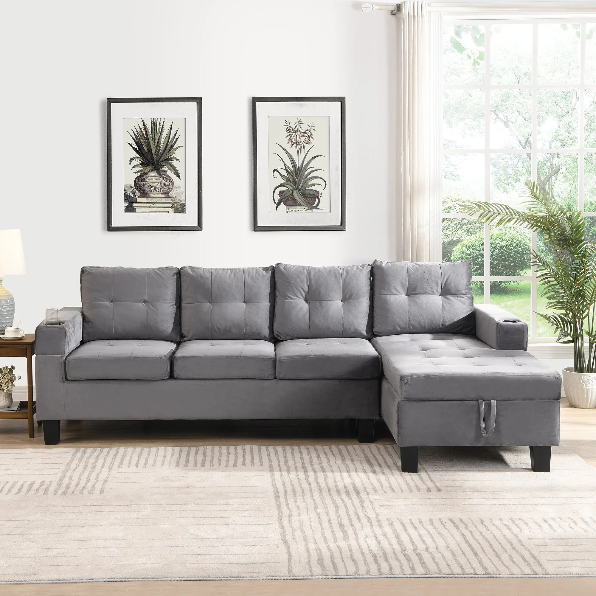 Modern Sectional Sofa Set with L Shape Chaise Lounge and Storage in Grey Velvet Fabric - Image 4