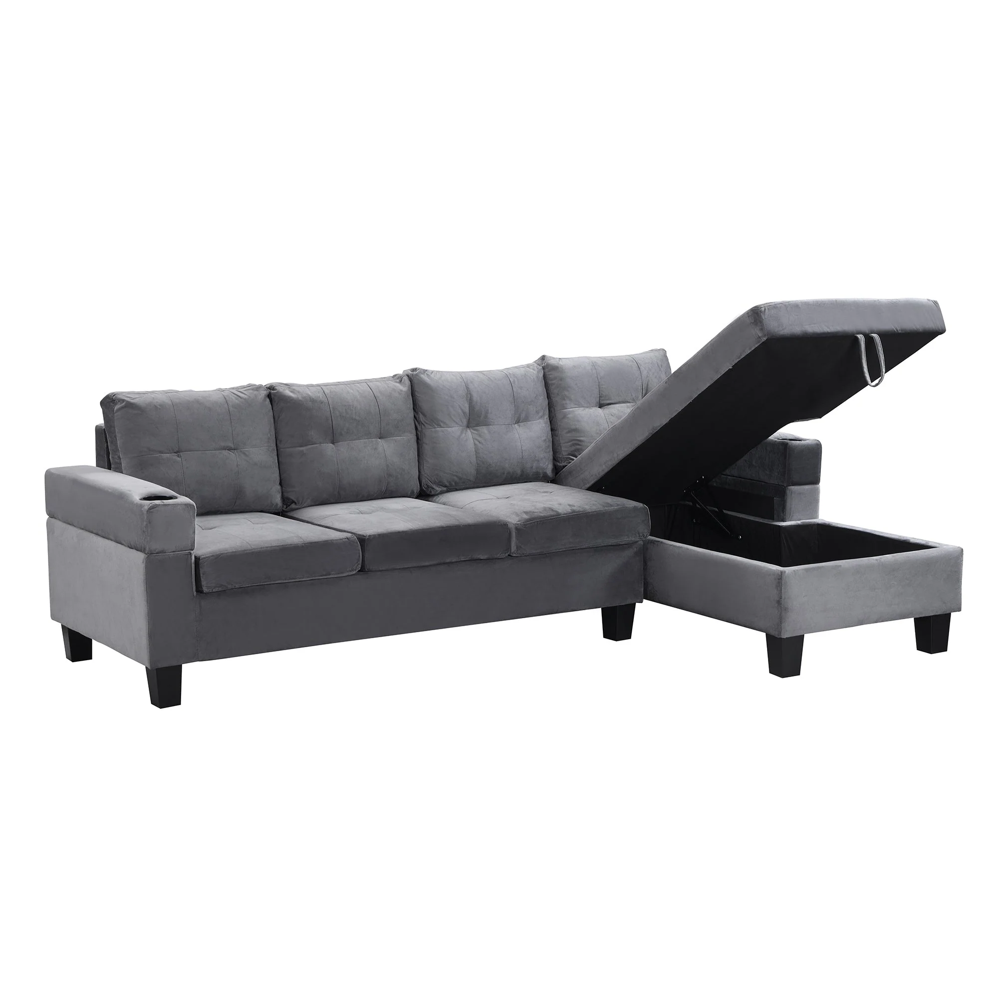 Modern Sectional Sofa Set with L Shape Chaise Lounge and Storage in Grey Velvet Fabric - Image 5