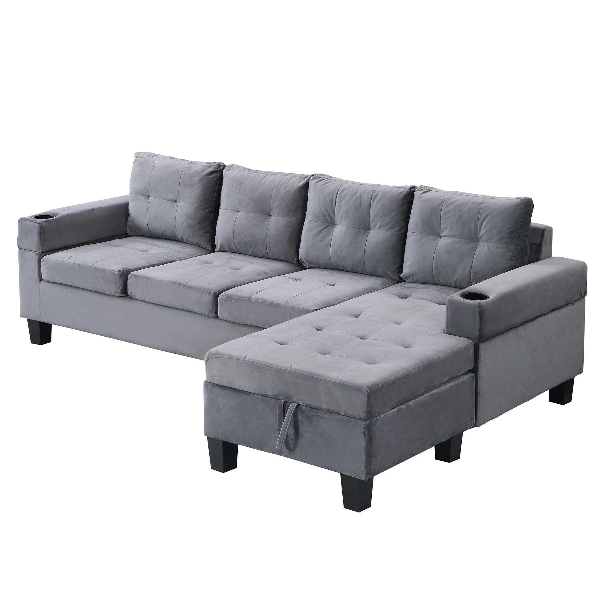 Modern Sectional Sofa Set with L Shape Chaise Lounge and Storage in Grey Velvet Fabric - Image 8
