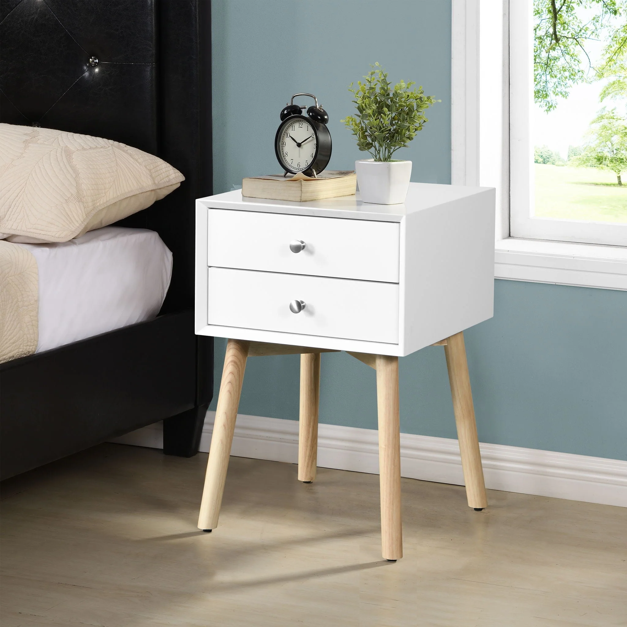 Modern Side Table With 2 Drawer, Mid-Century Storage Cabinet For Bedroom - White - Image 4