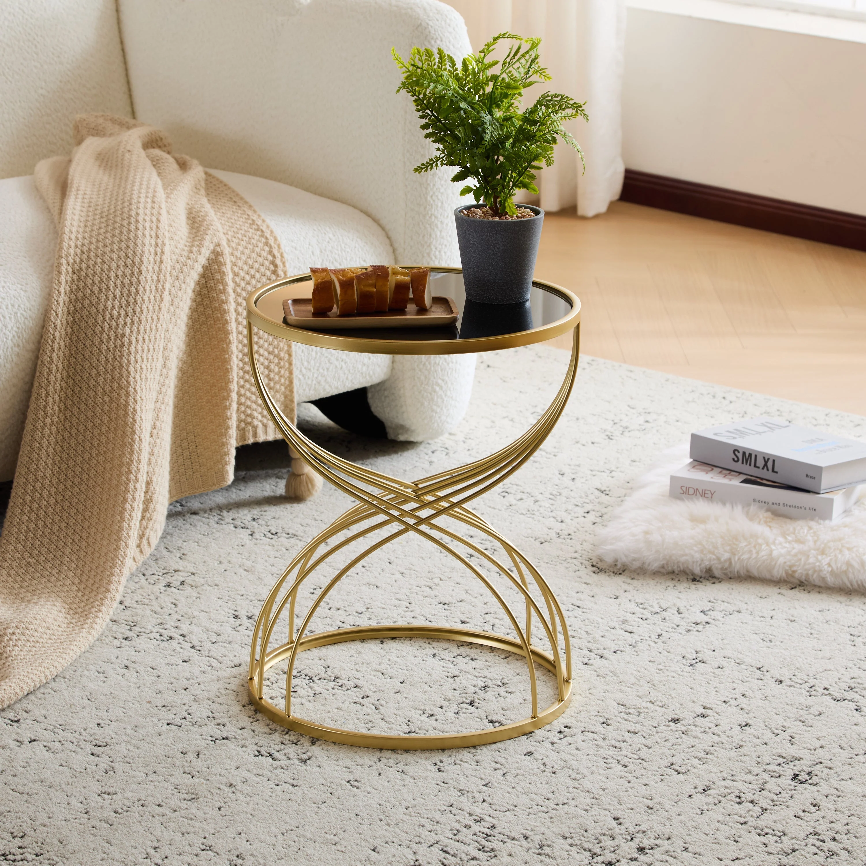 Modern Side Table with Golden Metal Frame and Black Mirror Top - Image 2