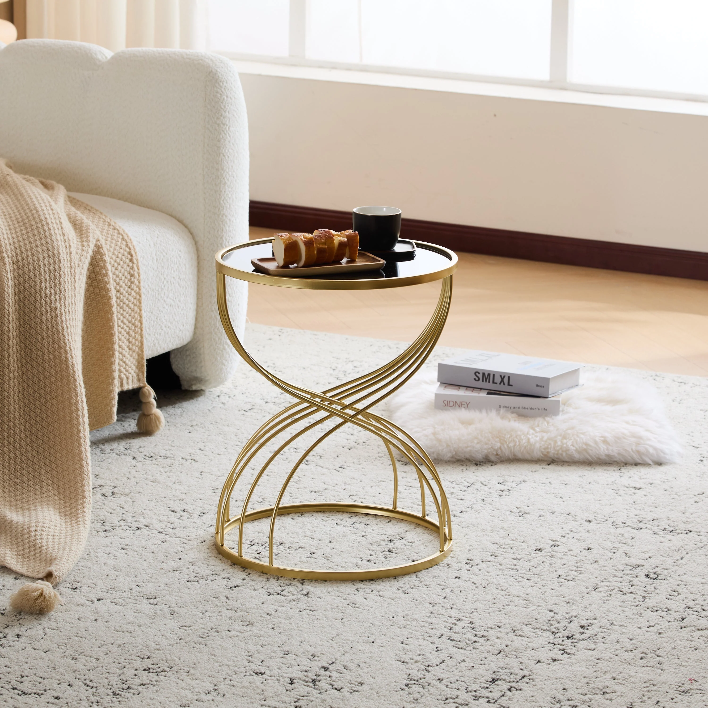 Modern Side Table with Golden Metal Frame and Black Mirror Top - Image 3