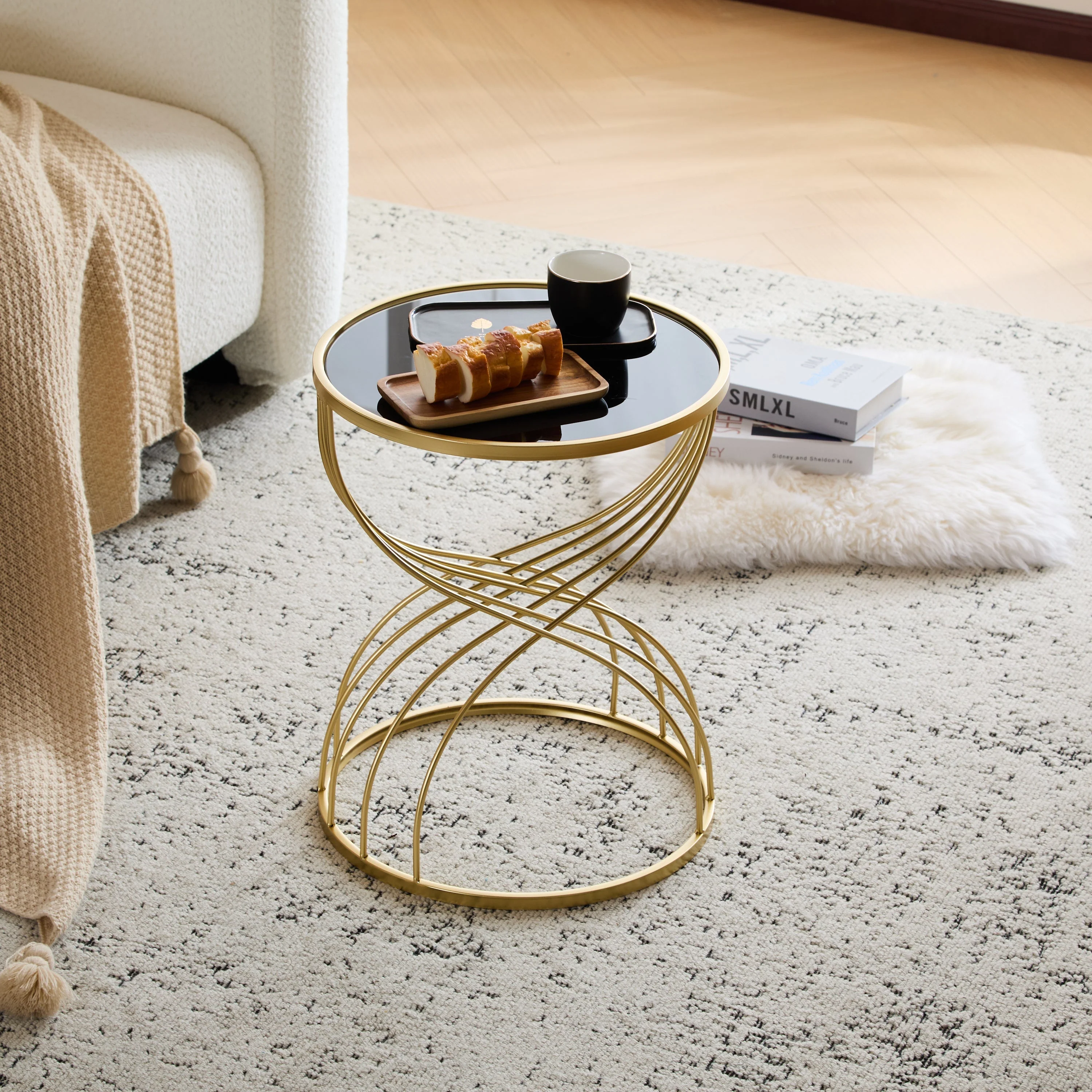 Modern Side Table with Golden Metal Frame and Black Mirror Top - Image 5