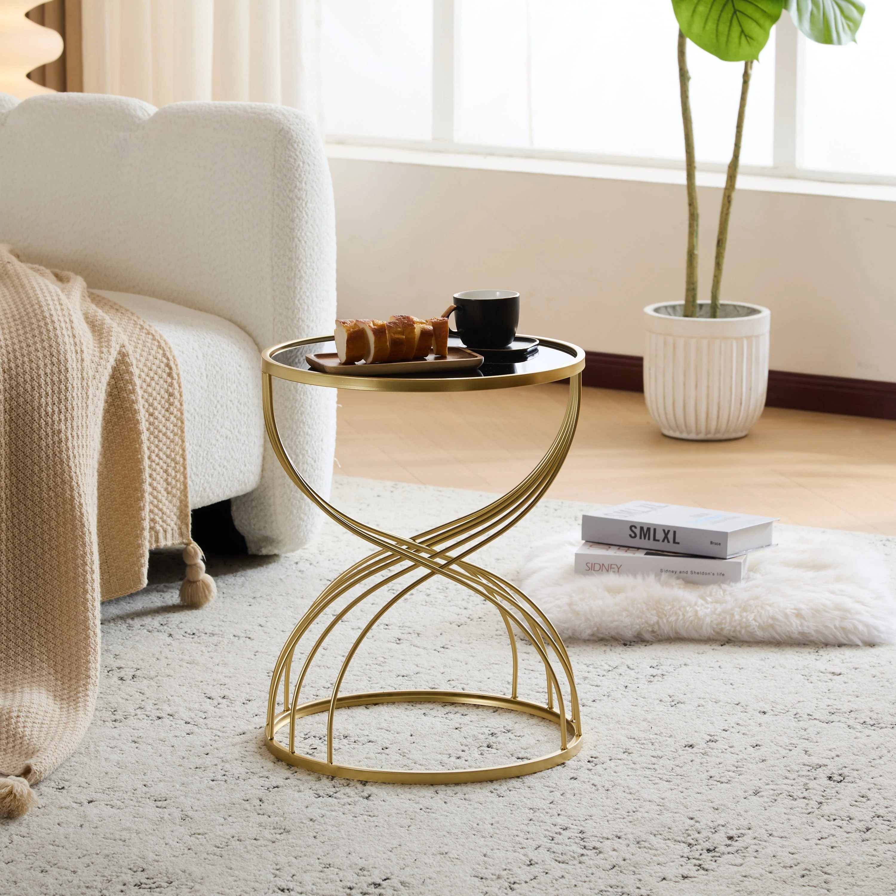 Modern Side Table with Golden Metal Frame and Black Mirror Top - Image 6