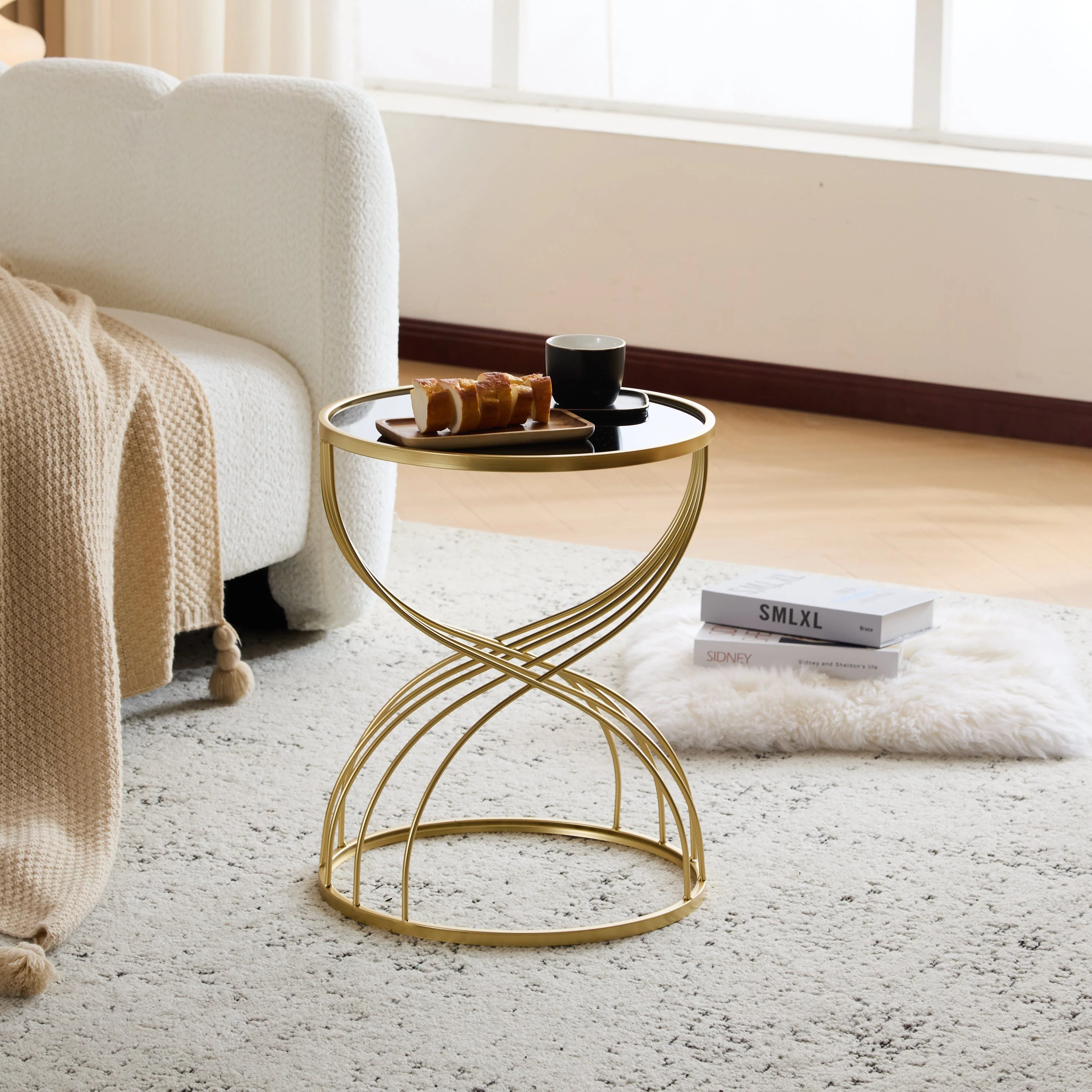 Modern Side Table with Golden Metal Frame and Black Mirror Top - Image 7