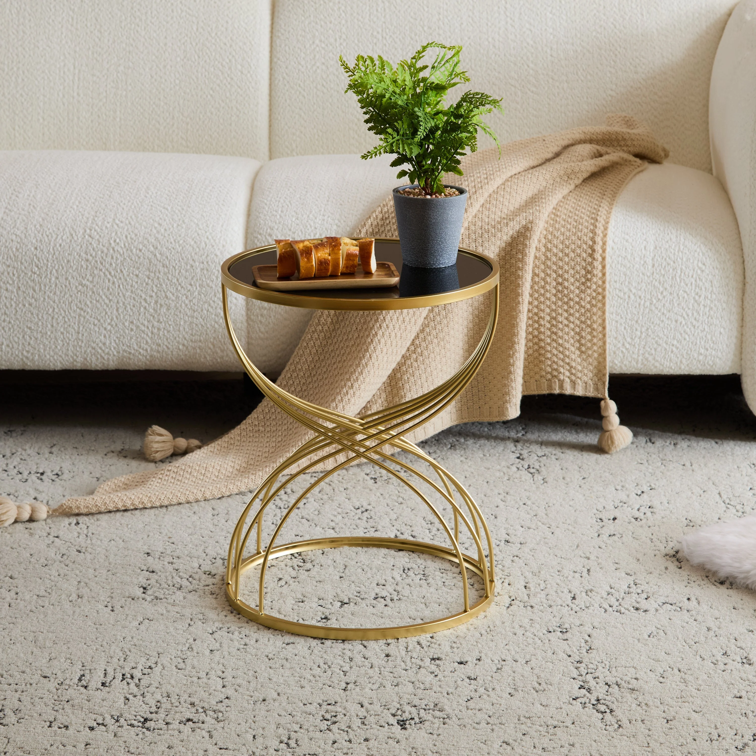 Modern Side Table with Golden Metal Frame and Black Mirror Top - Image 8