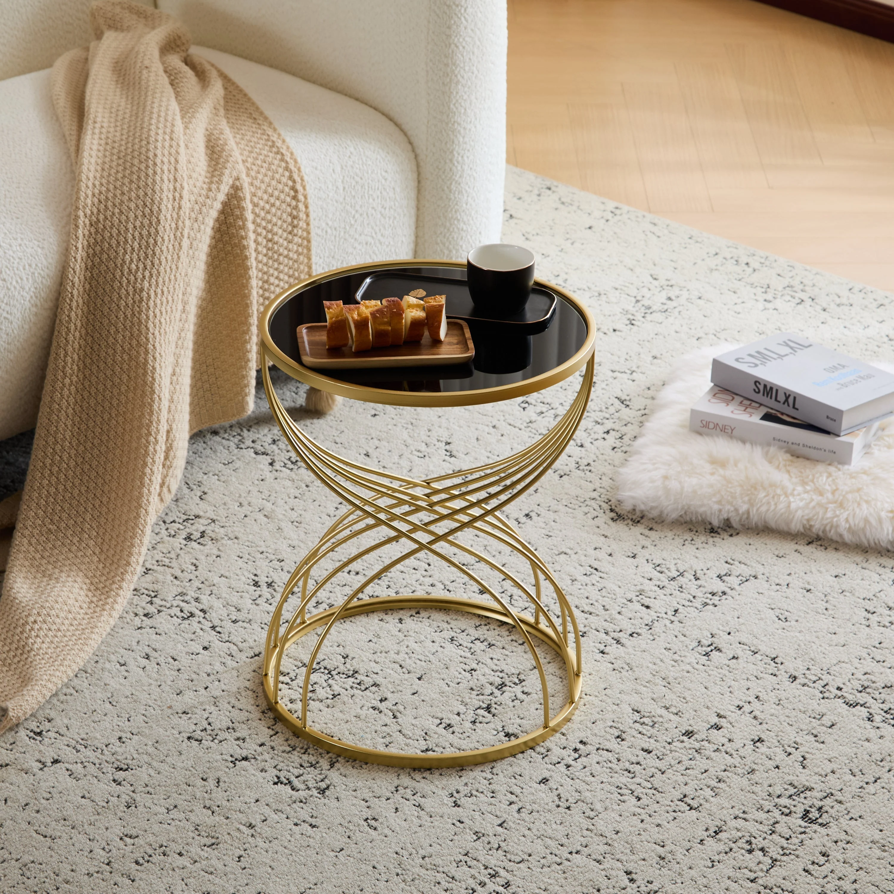 Modern Side Table with Golden Metal Frame and Black Mirror Top - Image 9