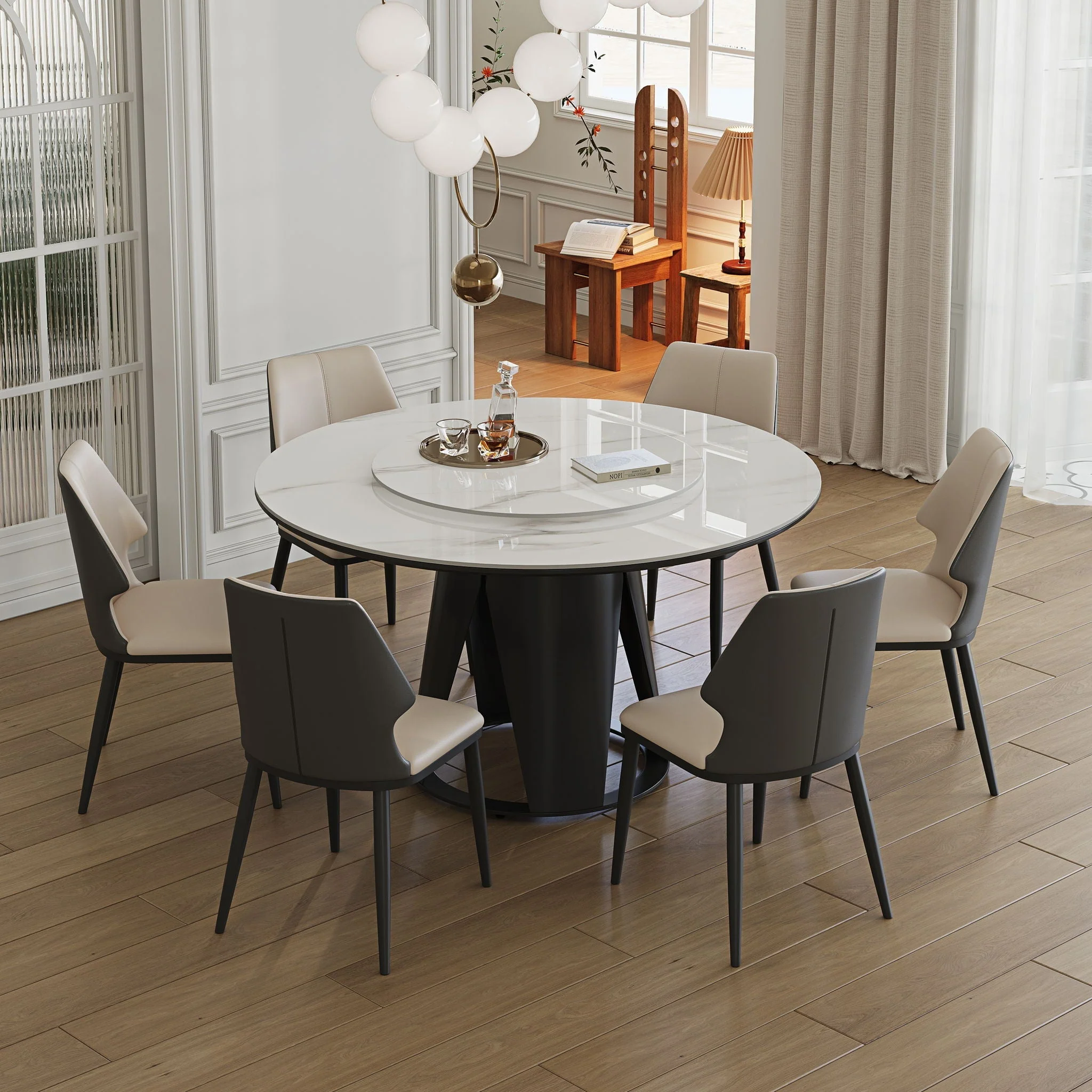 Modern Sintered Stone Dining Table With Round Turntable And Metal Pedestal - White - Image 3