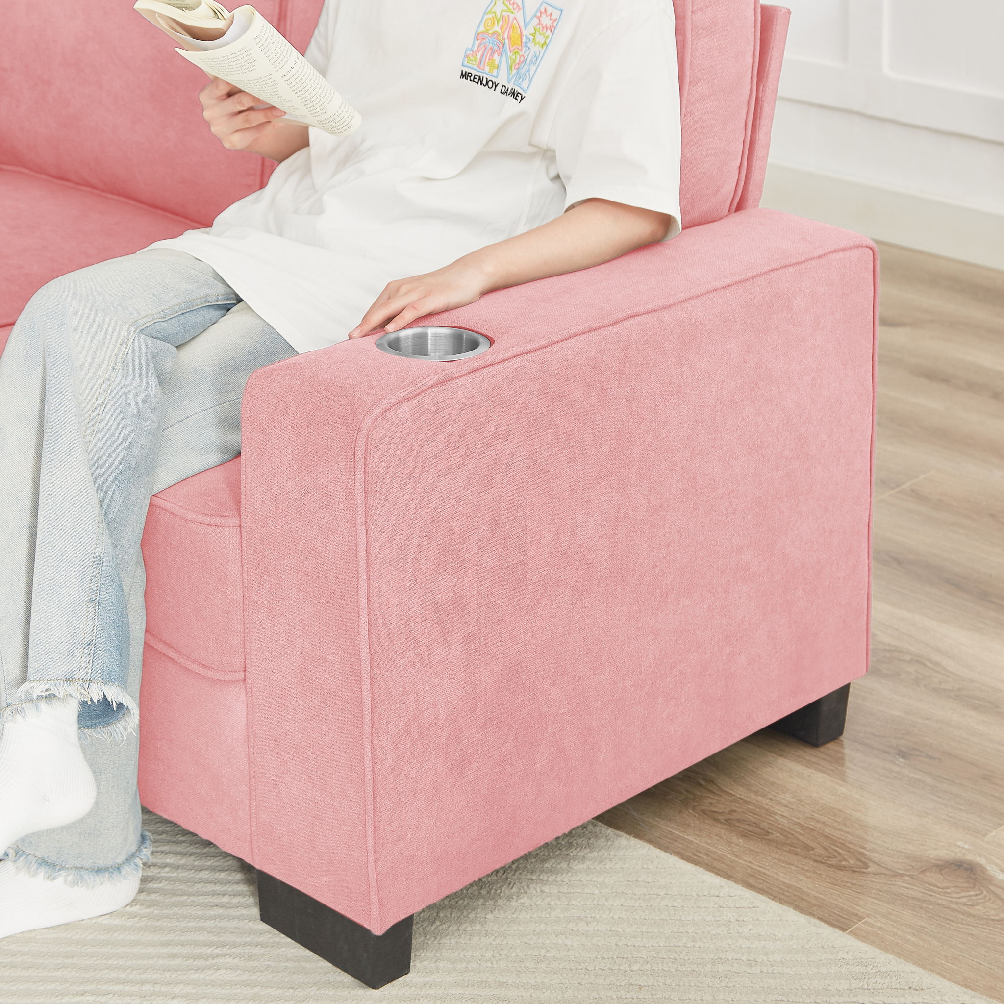 Modern Snowfleece Fabric 3 Seater Sofa With Cup Holder - Image 7