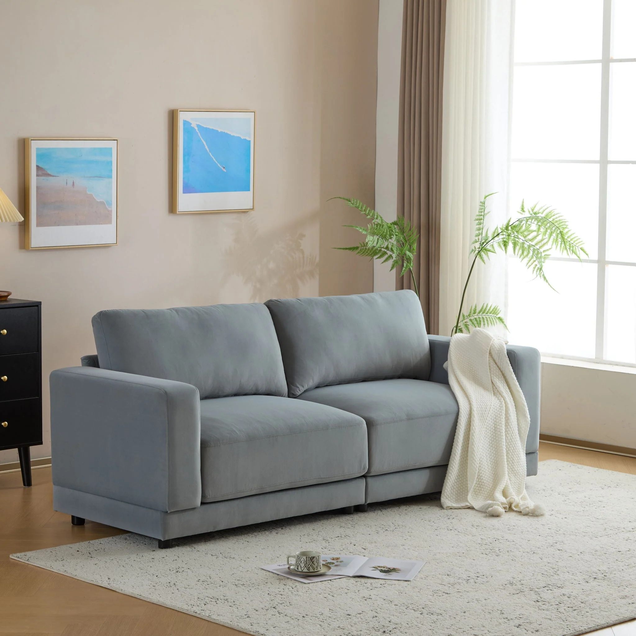 Modern Square Arm Sofa With Soft Fabric Upholstery, Deep Cushions - Image 4
