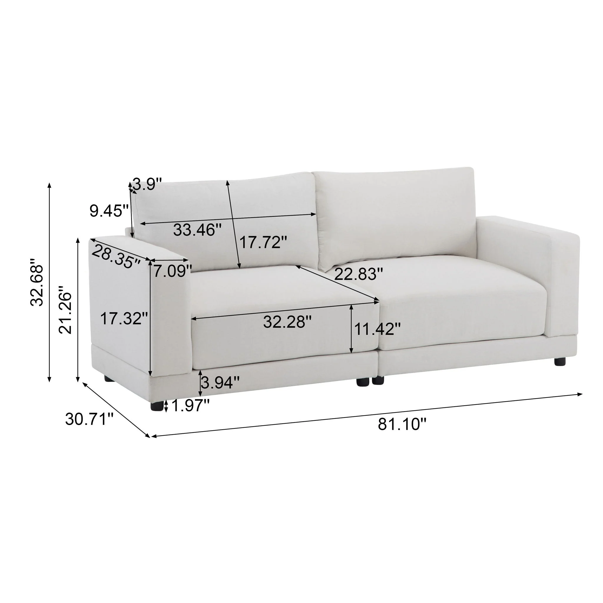 Modern Square Arm Sofa With Soft Fabric Upholstery, Deep Cushions - Image 9