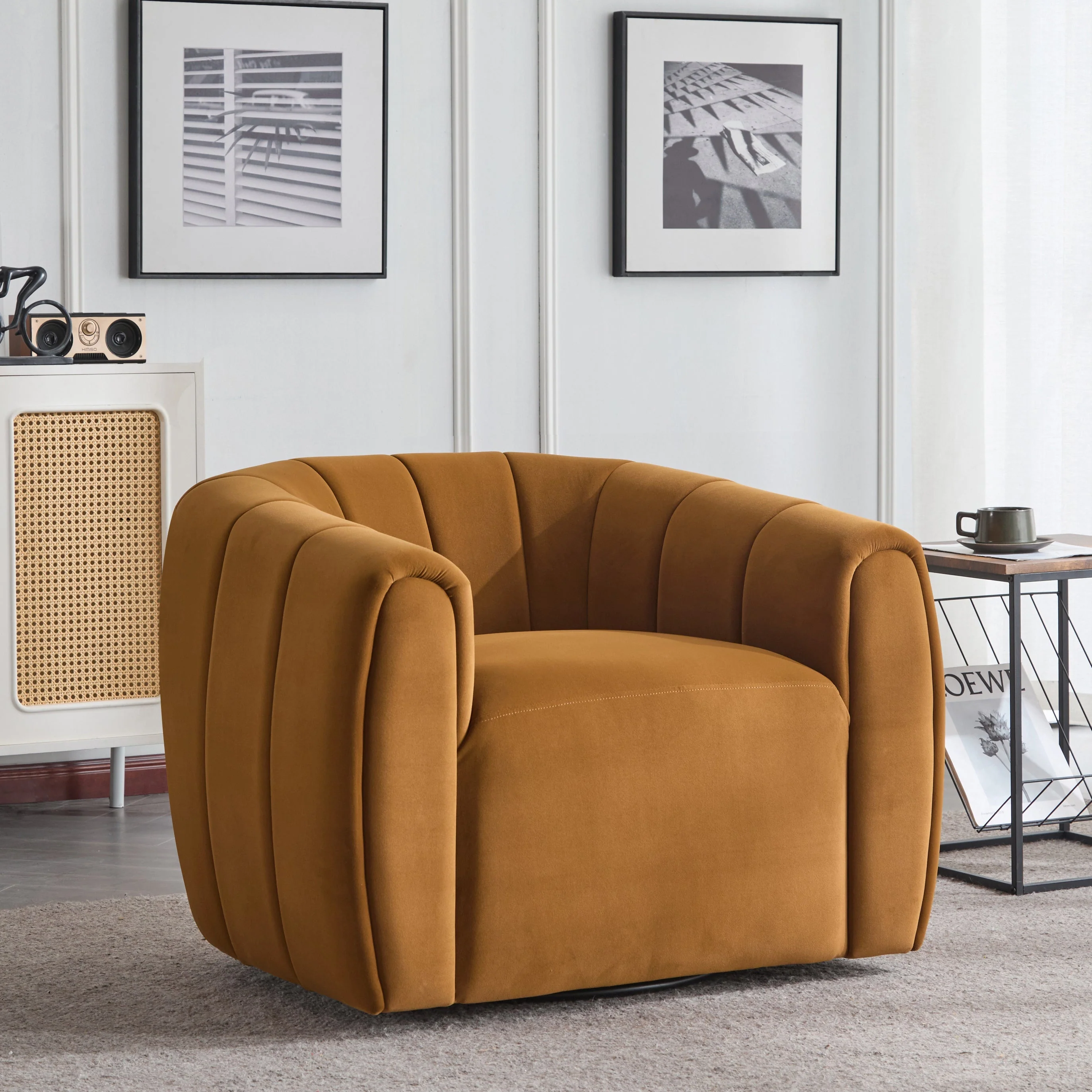 Modern Swivel Club Chair with Premium Velvet Tub Design in Dark Yellow - Image 2