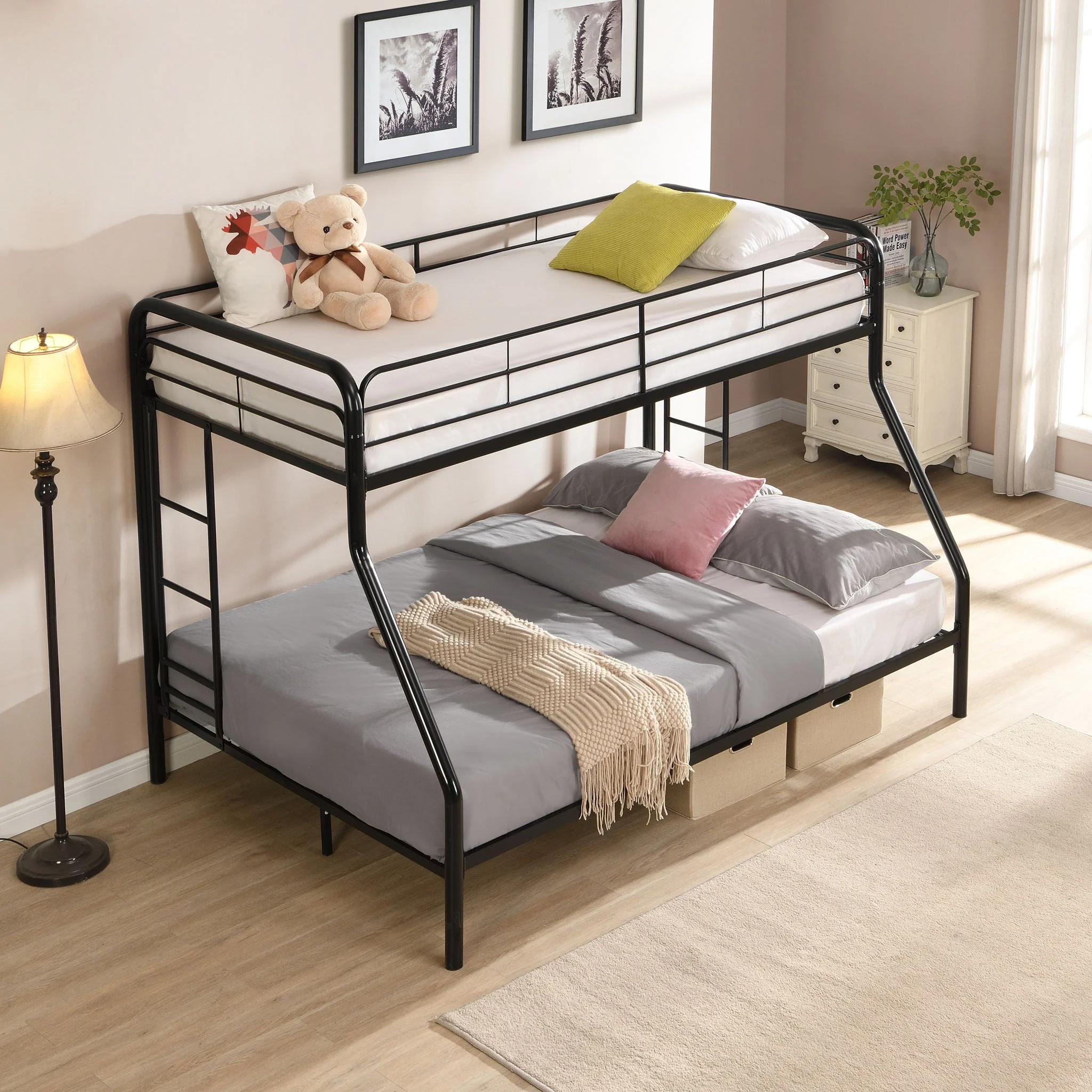 Modern Twin Over Full Metal Bunk Bed With Trundle And Dual Side Ladder And Metal Design - Black / Brown - Image 3
