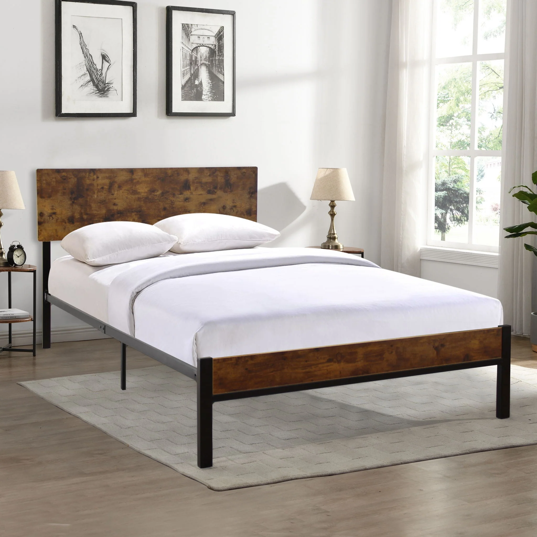 Modern Twin Size Metal Bed Frame Sturdy System Metal & Wood - Black - Image 4