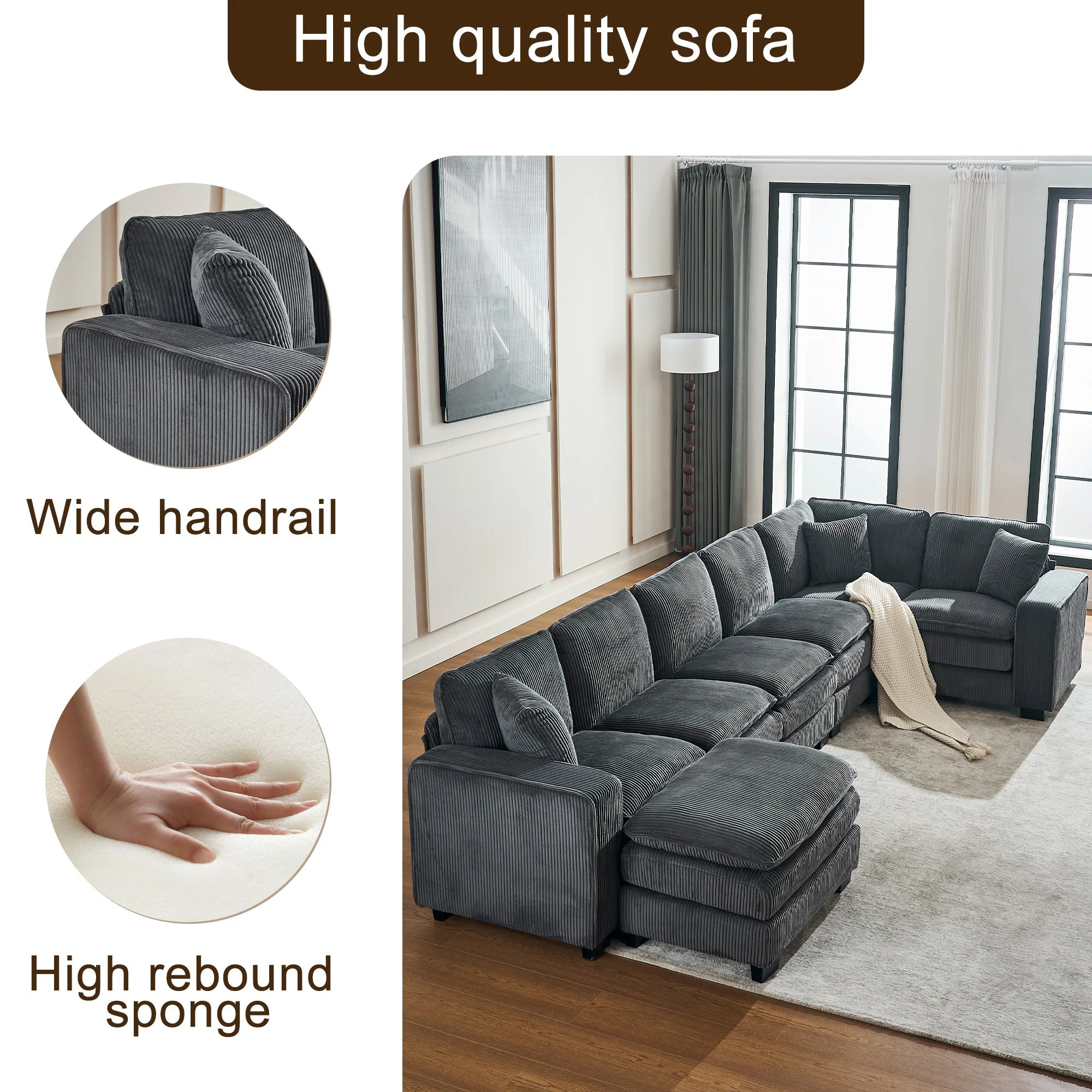Modern U Shaped 6-Seat Sectional Sofa Couch with Ottoman - Image 13
