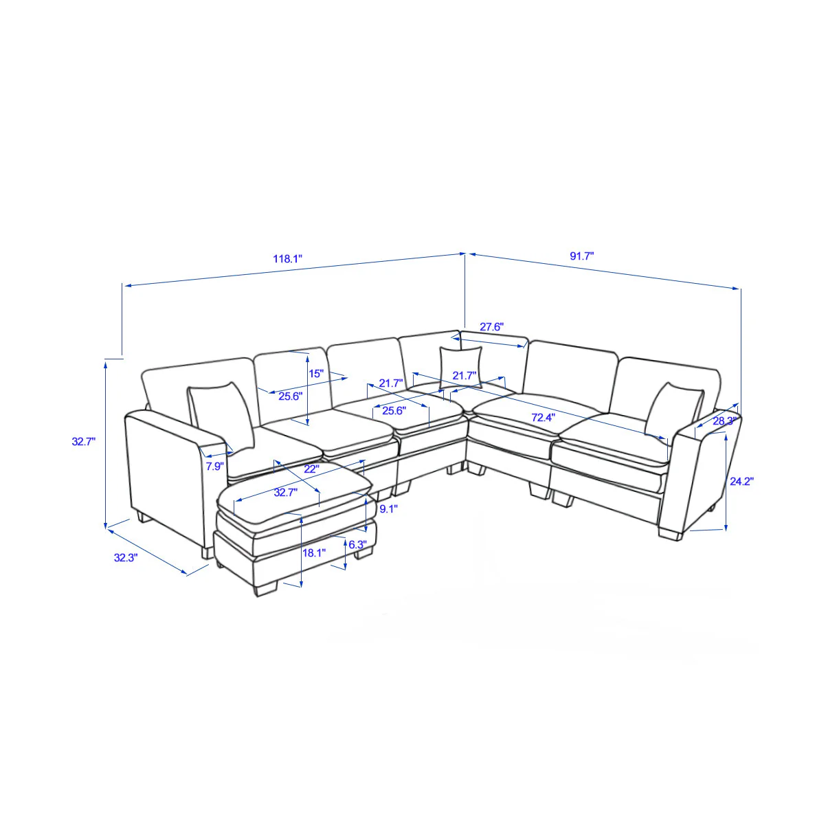 Modern U Shaped 6-Seat Sectional Sofa Couch with Ottoman - Image 16