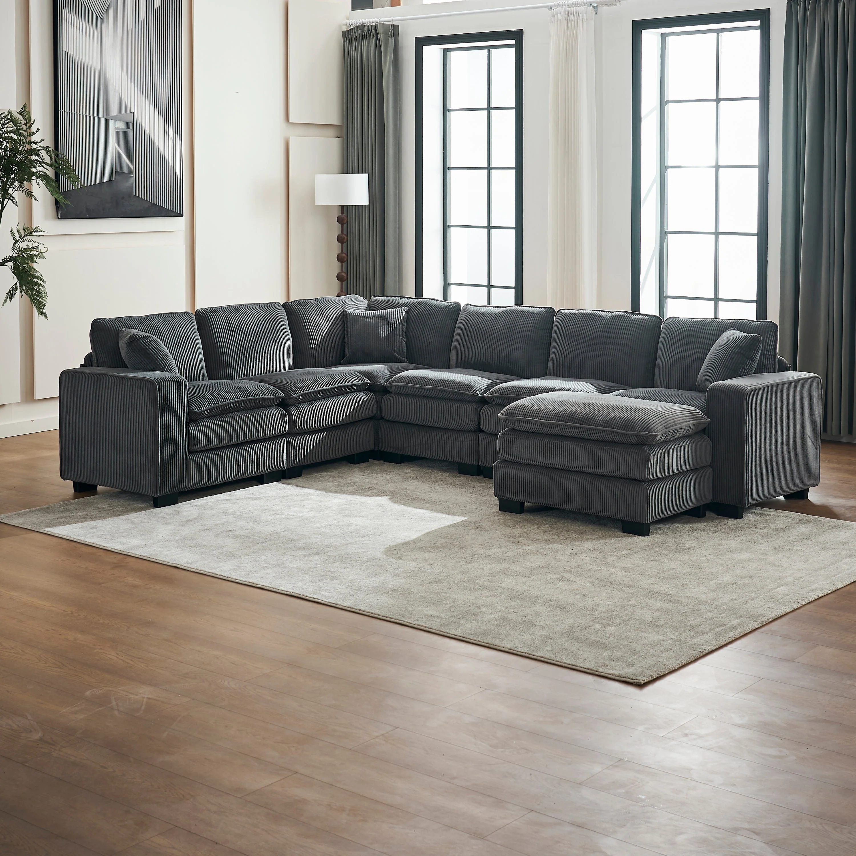 Modern U Shaped 6-Seat Sectional Sofa Couch with Ottoman - Image 3