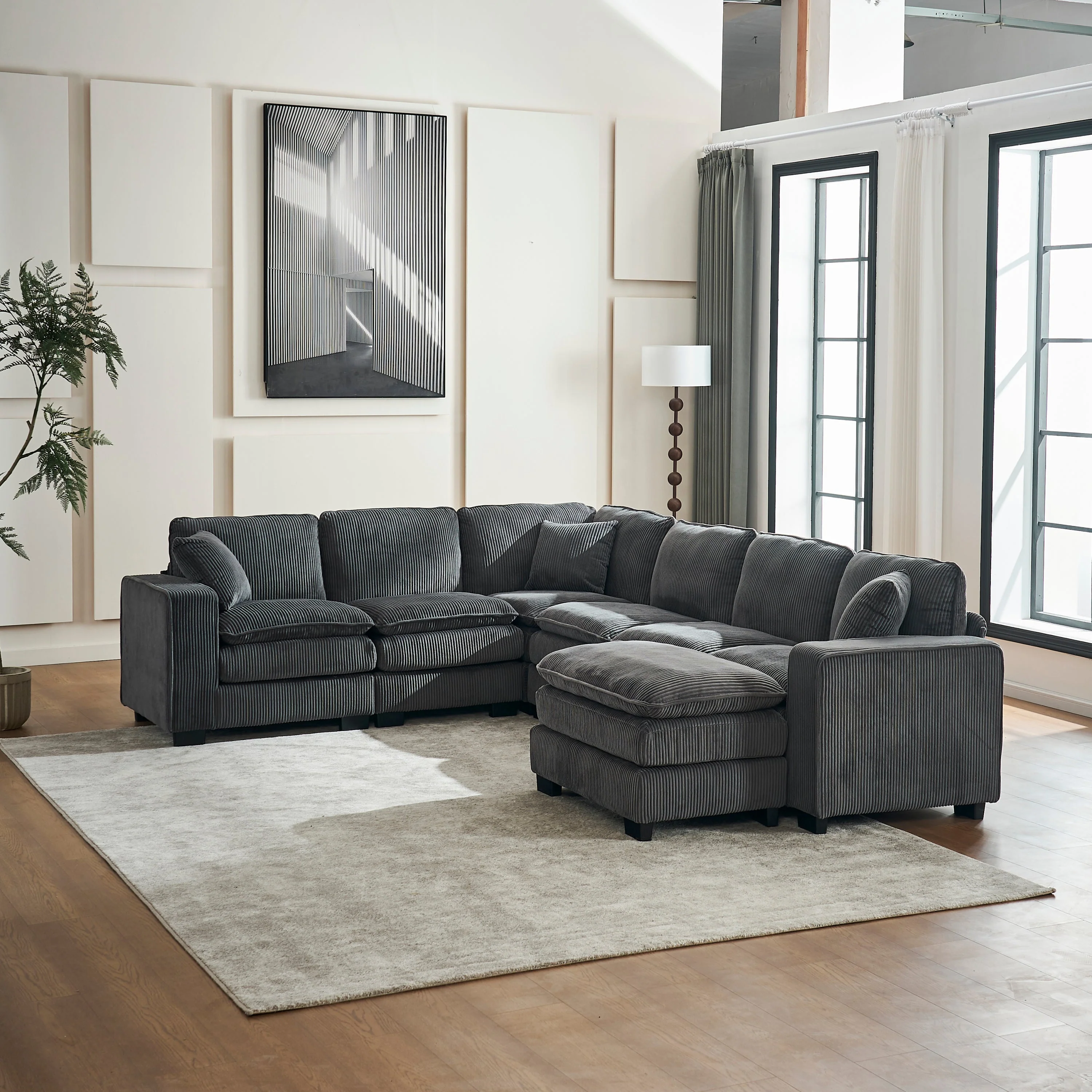 Modern U Shaped 6-Seat Sectional Sofa Couch with Ottoman - Image 4
