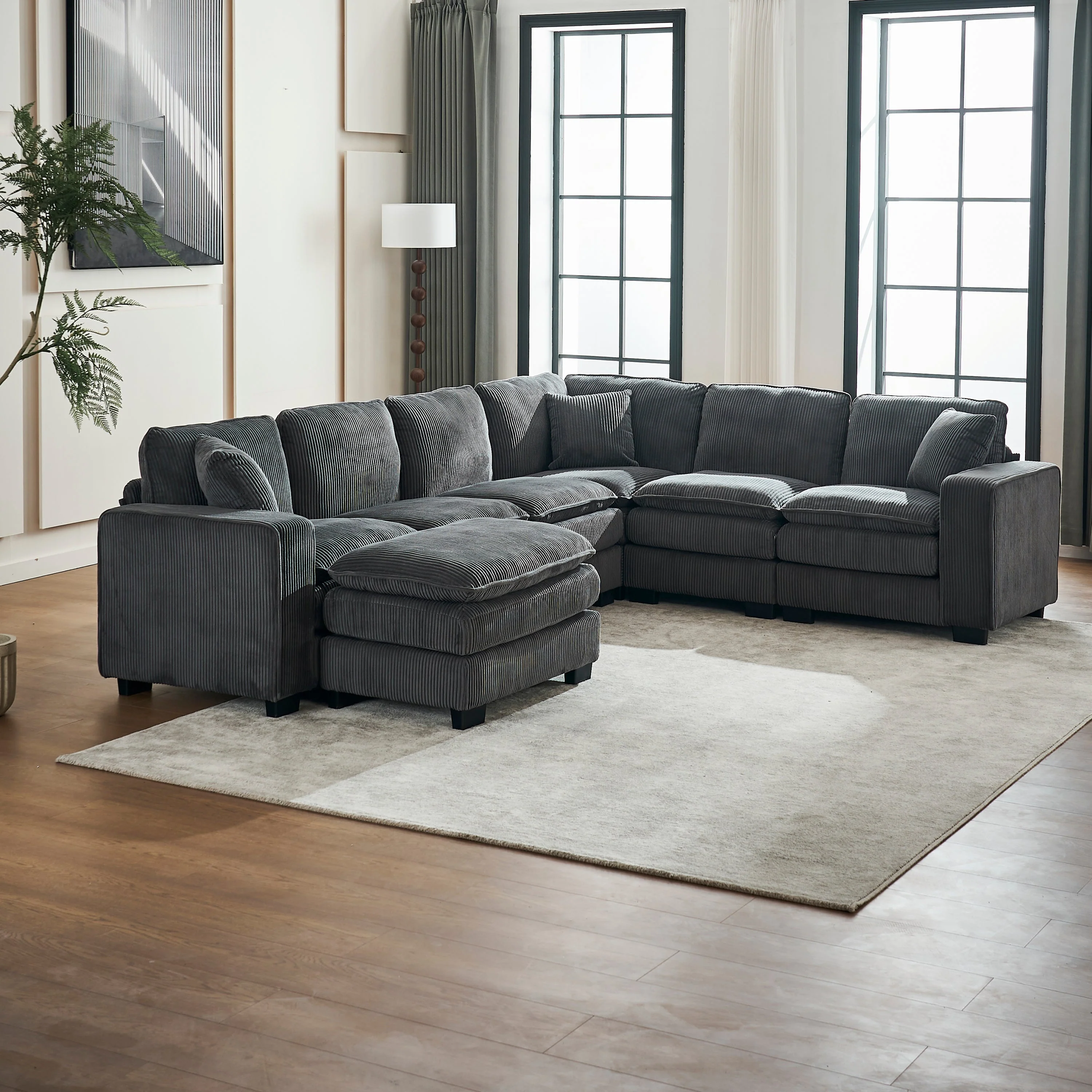 Modern U Shaped 6-Seat Sectional Sofa Couch with Ottoman - Image 5
