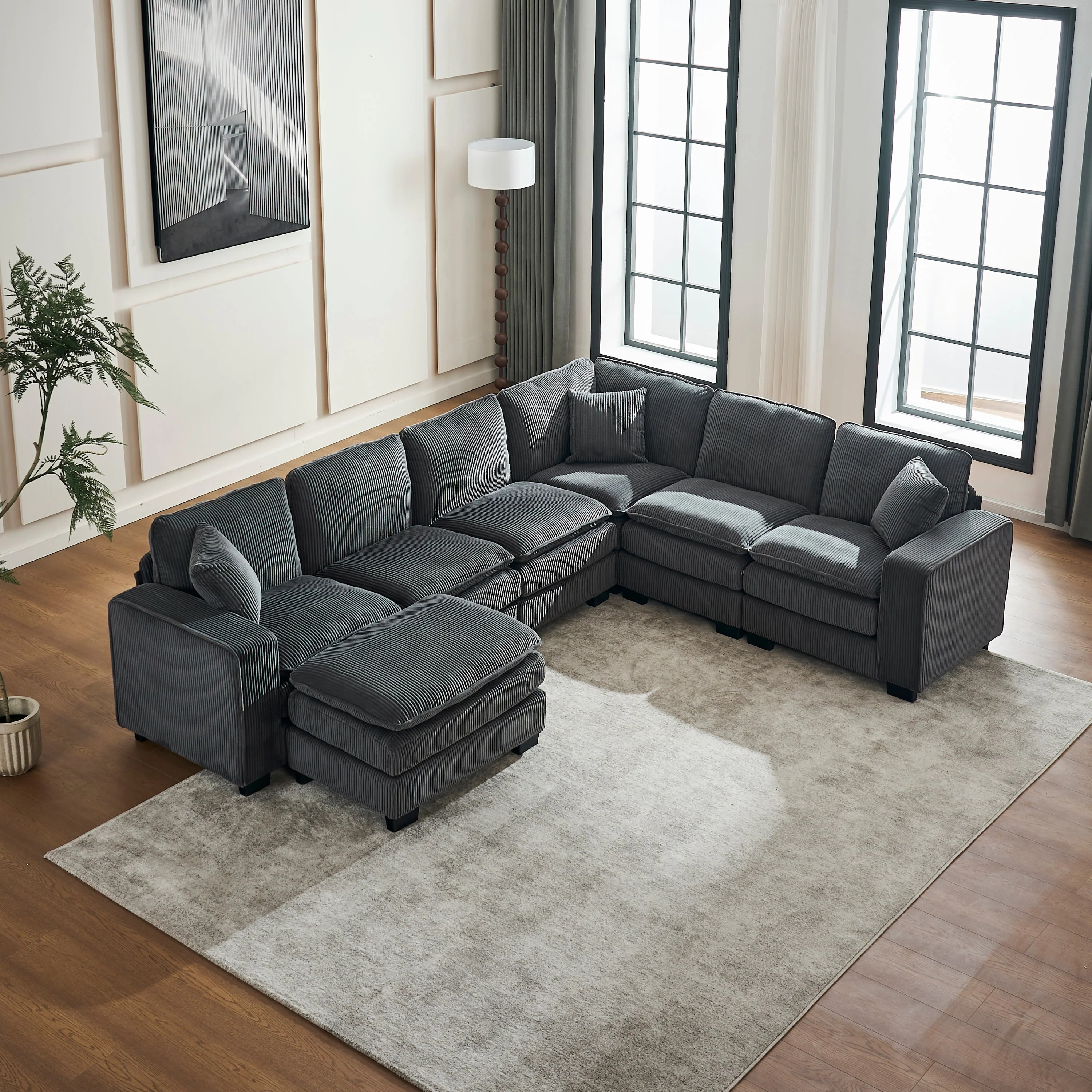 Modern U Shaped 6-Seat Sectional Sofa Couch with Ottoman - Image 6