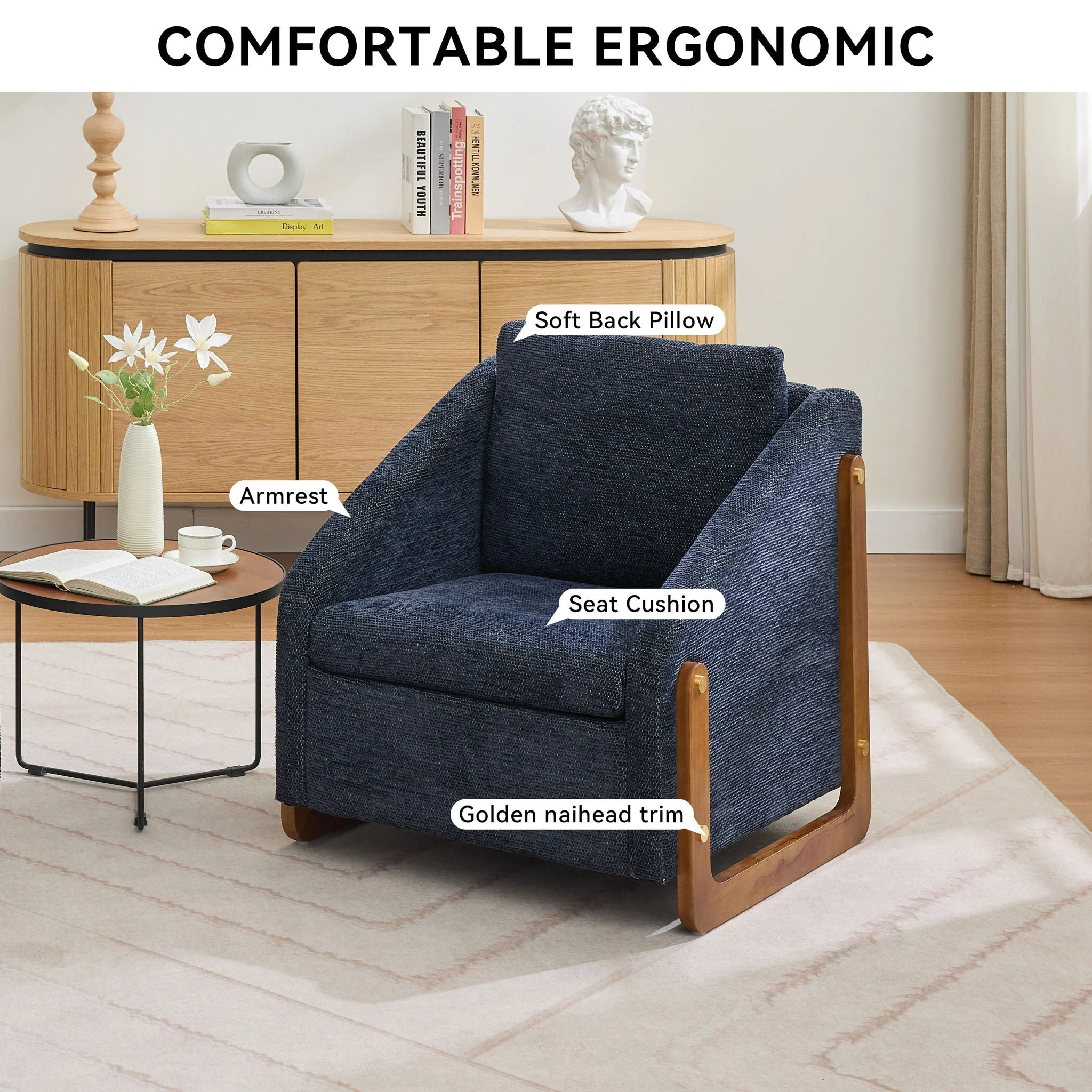 Modern Upholstered Armchair With Wooden Side Frame - Image 10