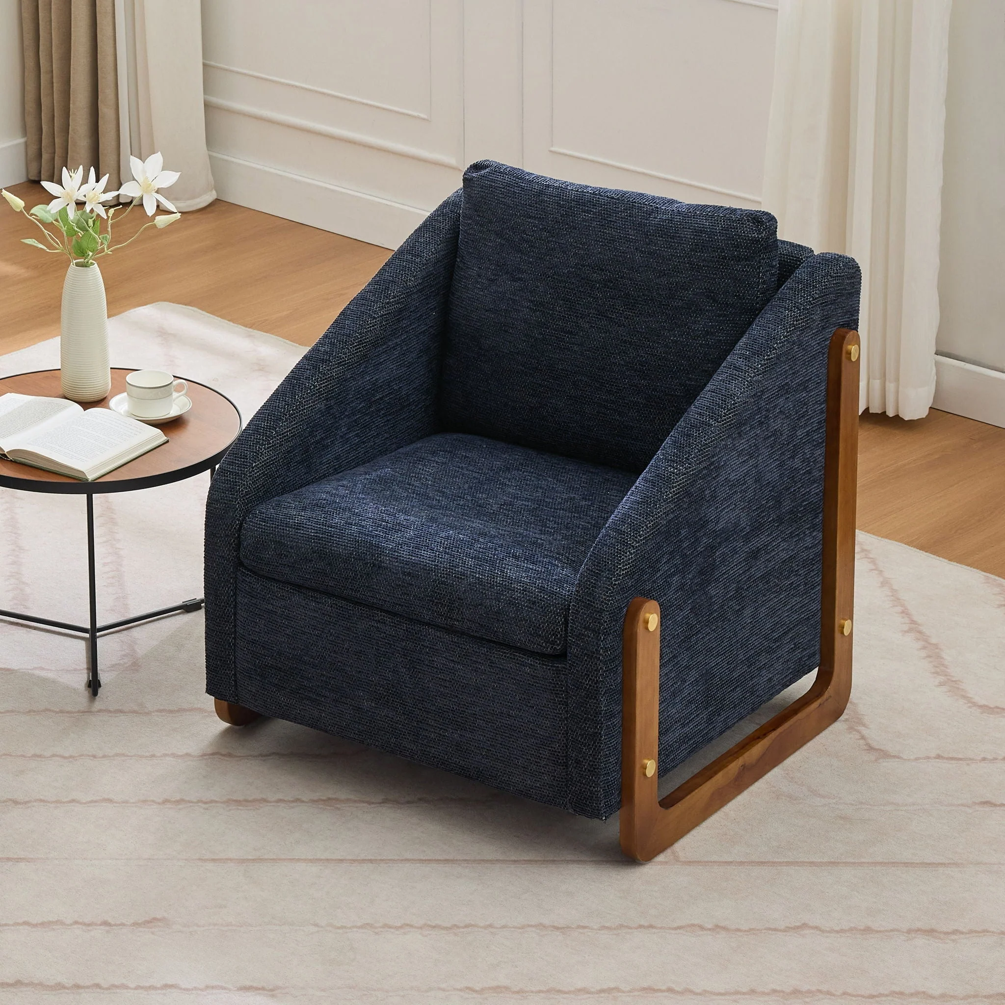 Modern Upholstered Armchair With Wooden Side Frame - Image 11