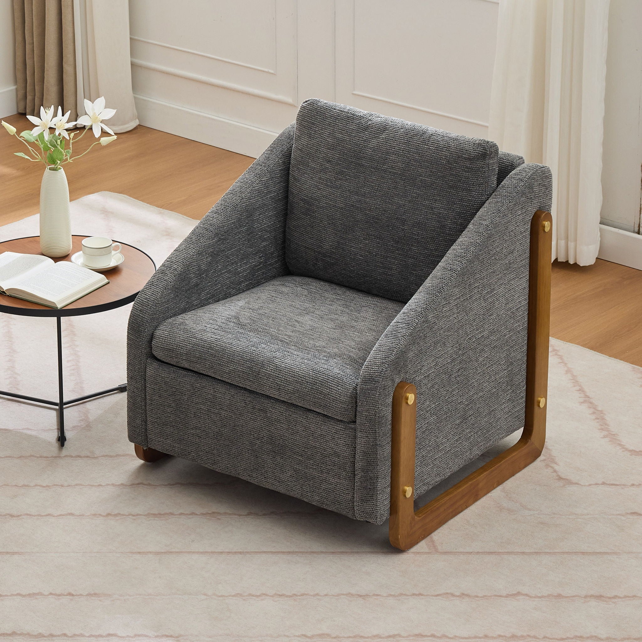 Modern Upholstered Armchair With Wooden Side Frame - Image 4
