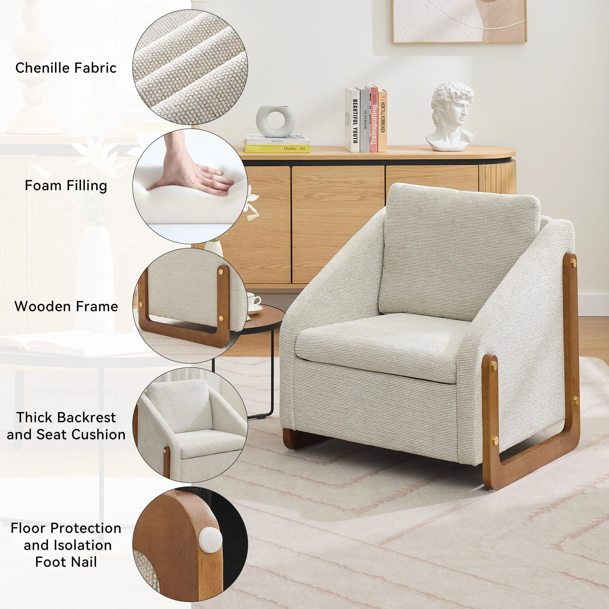Modern Upholstered Armchair With Wooden Side Frame - Image 6