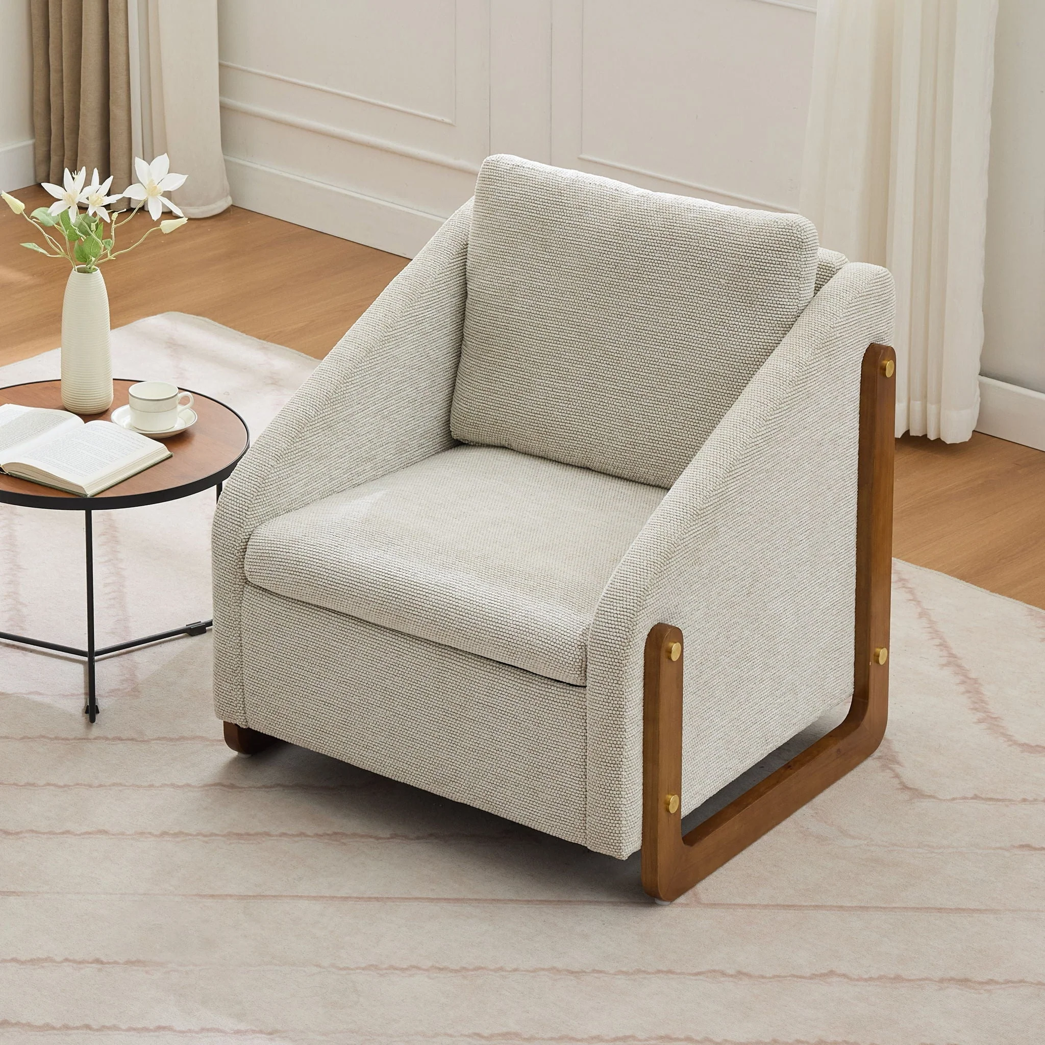 Modern Upholstered Armchair With Wooden Side Frame - Image 7
