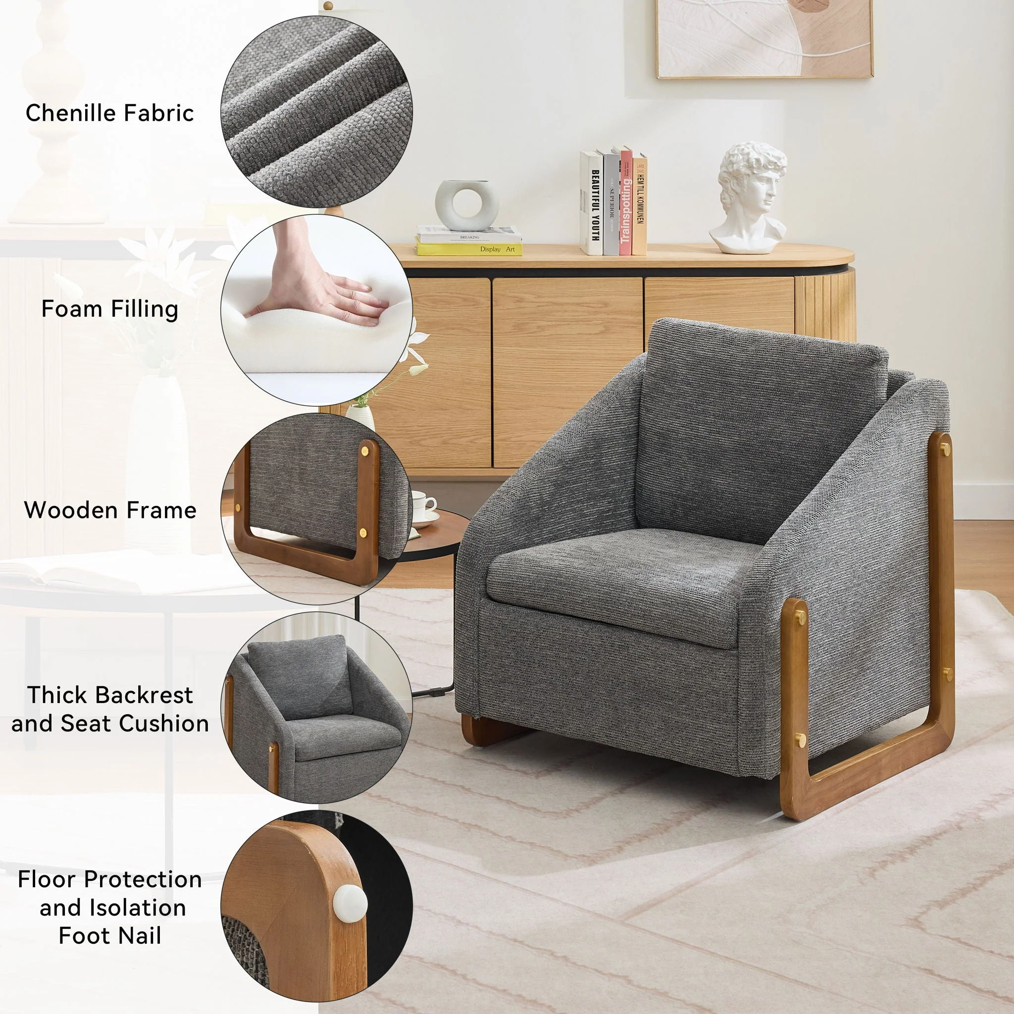 Modern Upholstered Armchair With Wooden Side Frame - Image 9