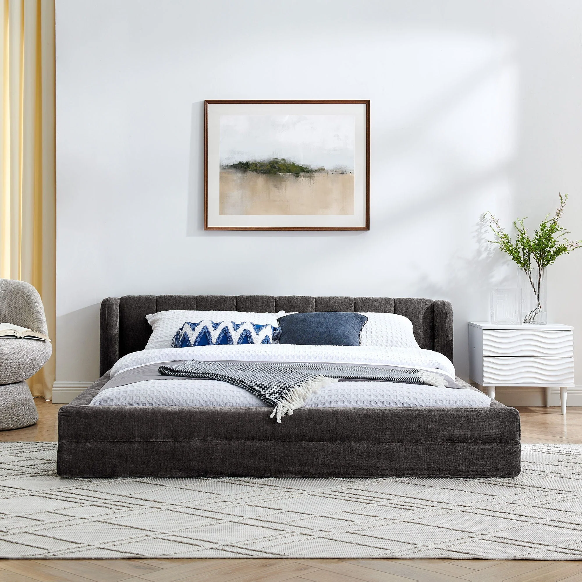 Modern Upholstered Bed Frame With Thick Fabric And Headboard - Image 10