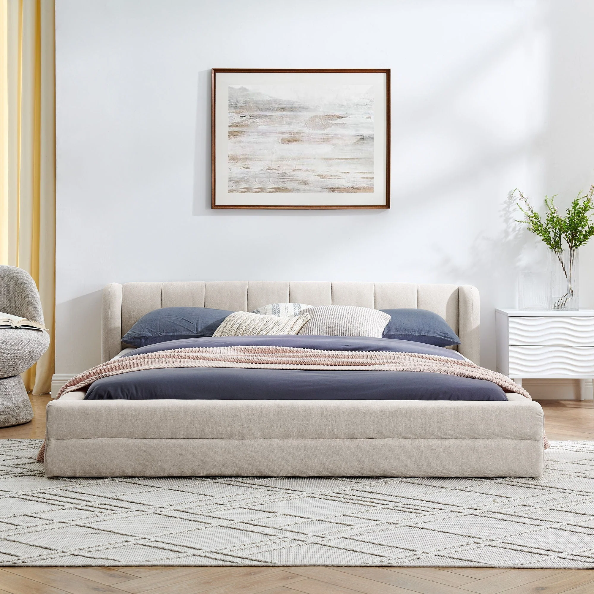 Modern Upholstered Bed Frame With Thick Fabric And Headboard - Image 4
