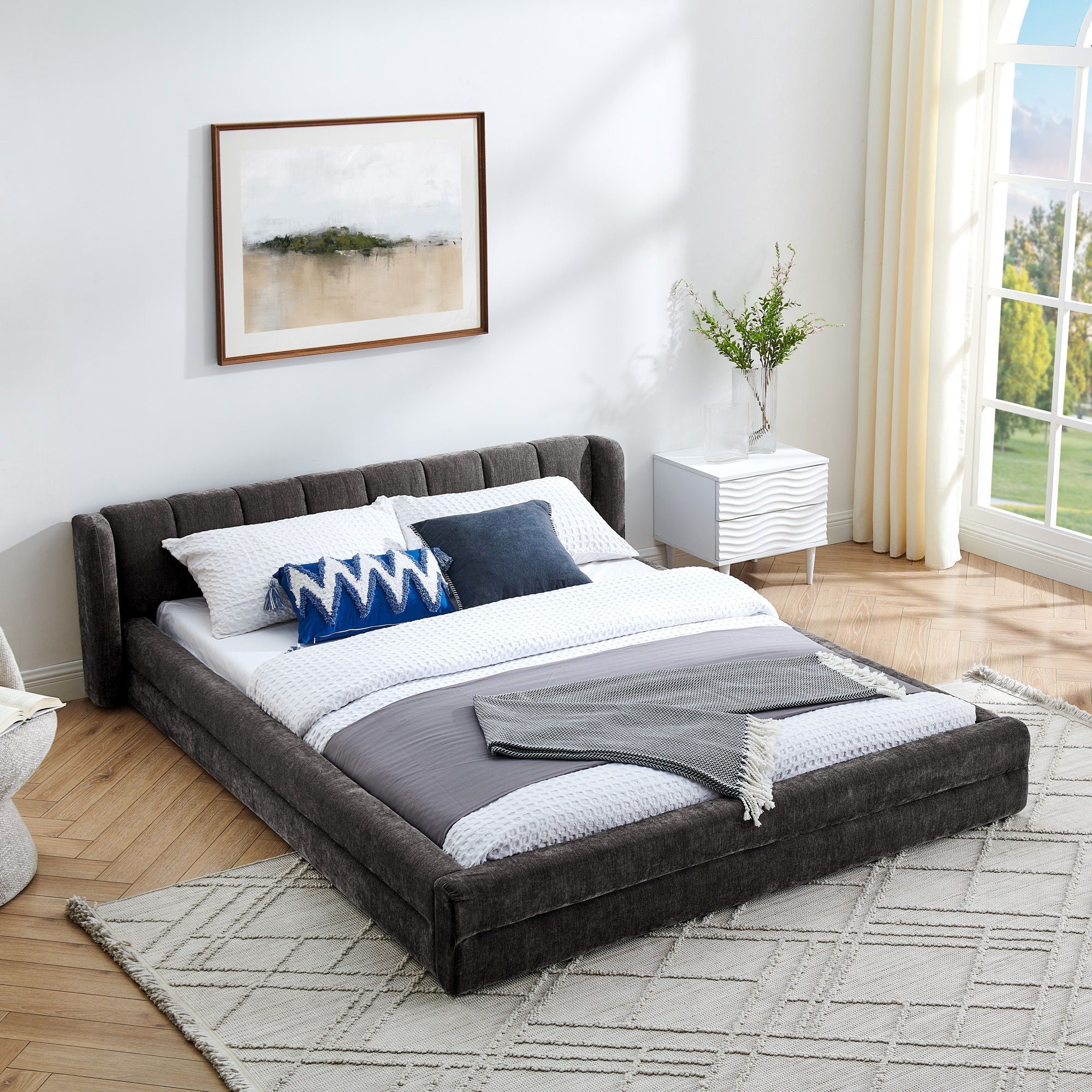 Modern Upholstered Bed Frame With Thick Fabric And Headboard - Image 5