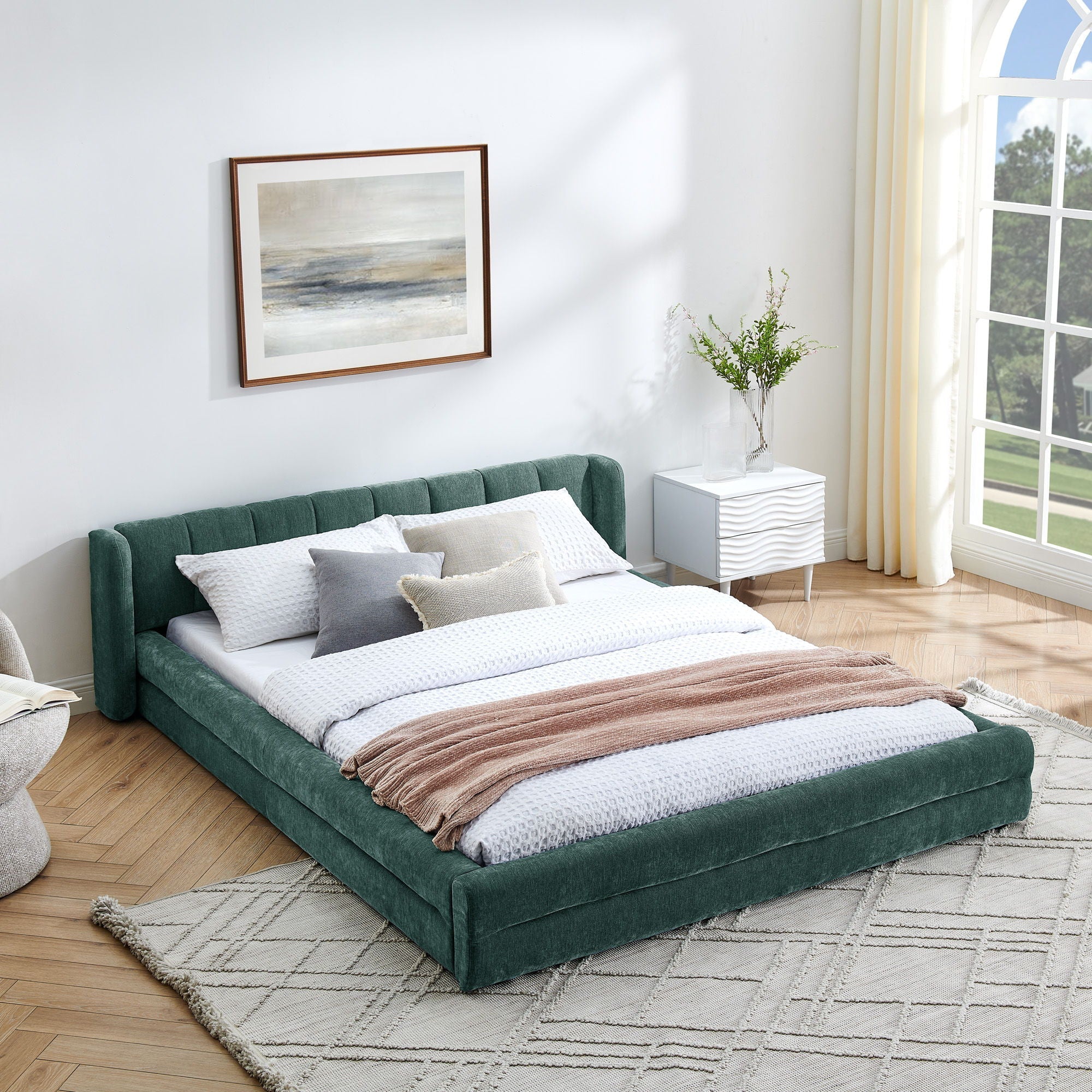 Modern Upholstered Bed Frame With Thick Fabric And Headboard - Image 6