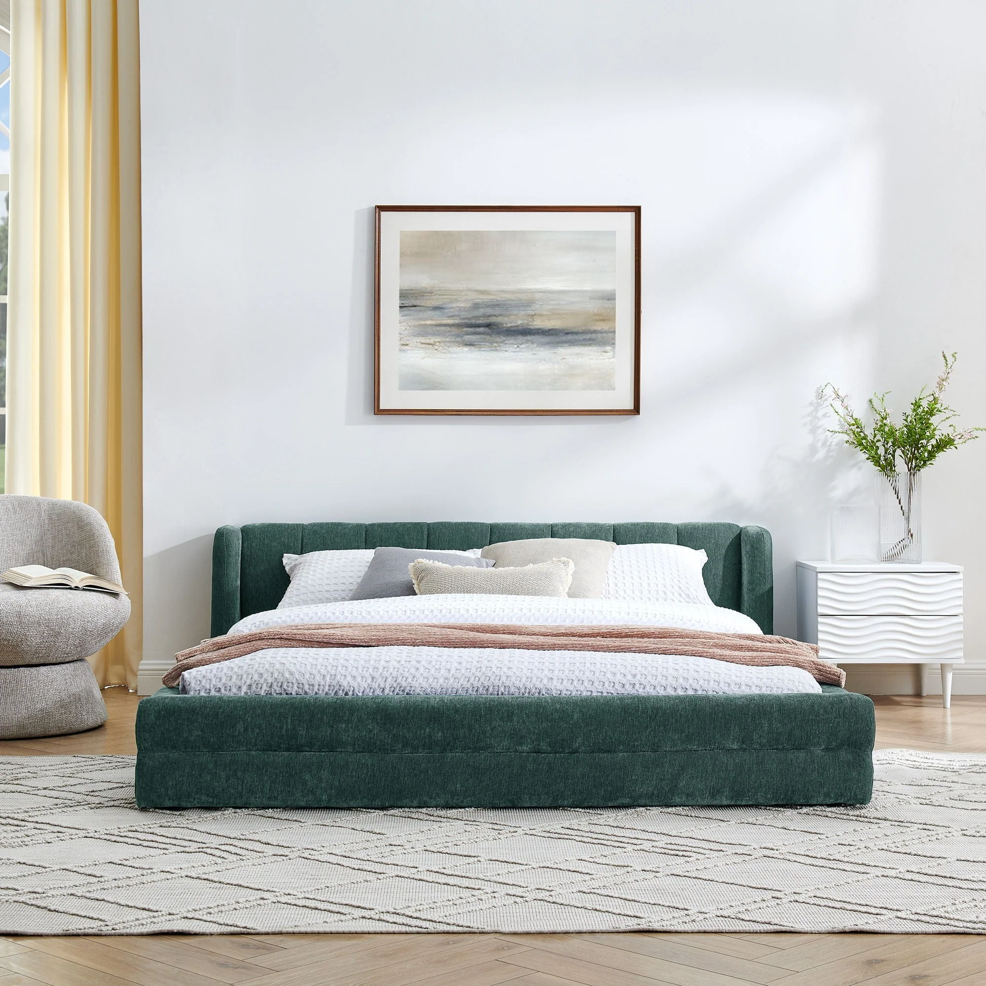 Modern Upholstered Bed Frame With Thick Fabric And Headboard - Image 7