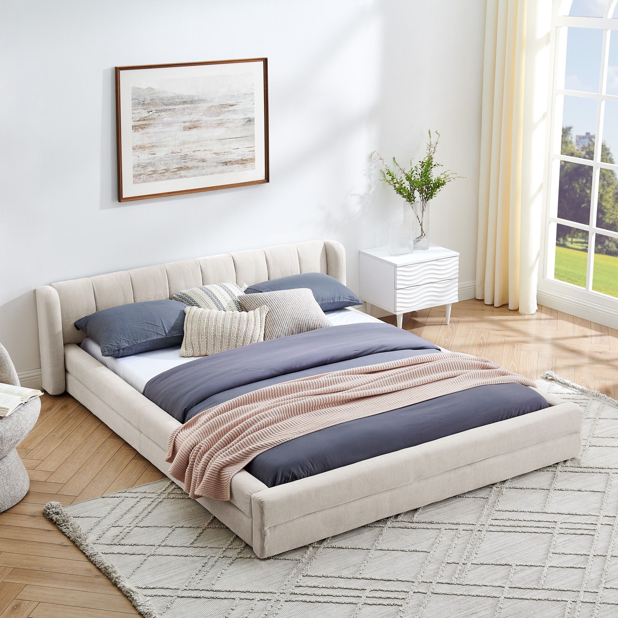 Modern Upholstered Bed Frame With Thick Fabric And Headboard - Image 8