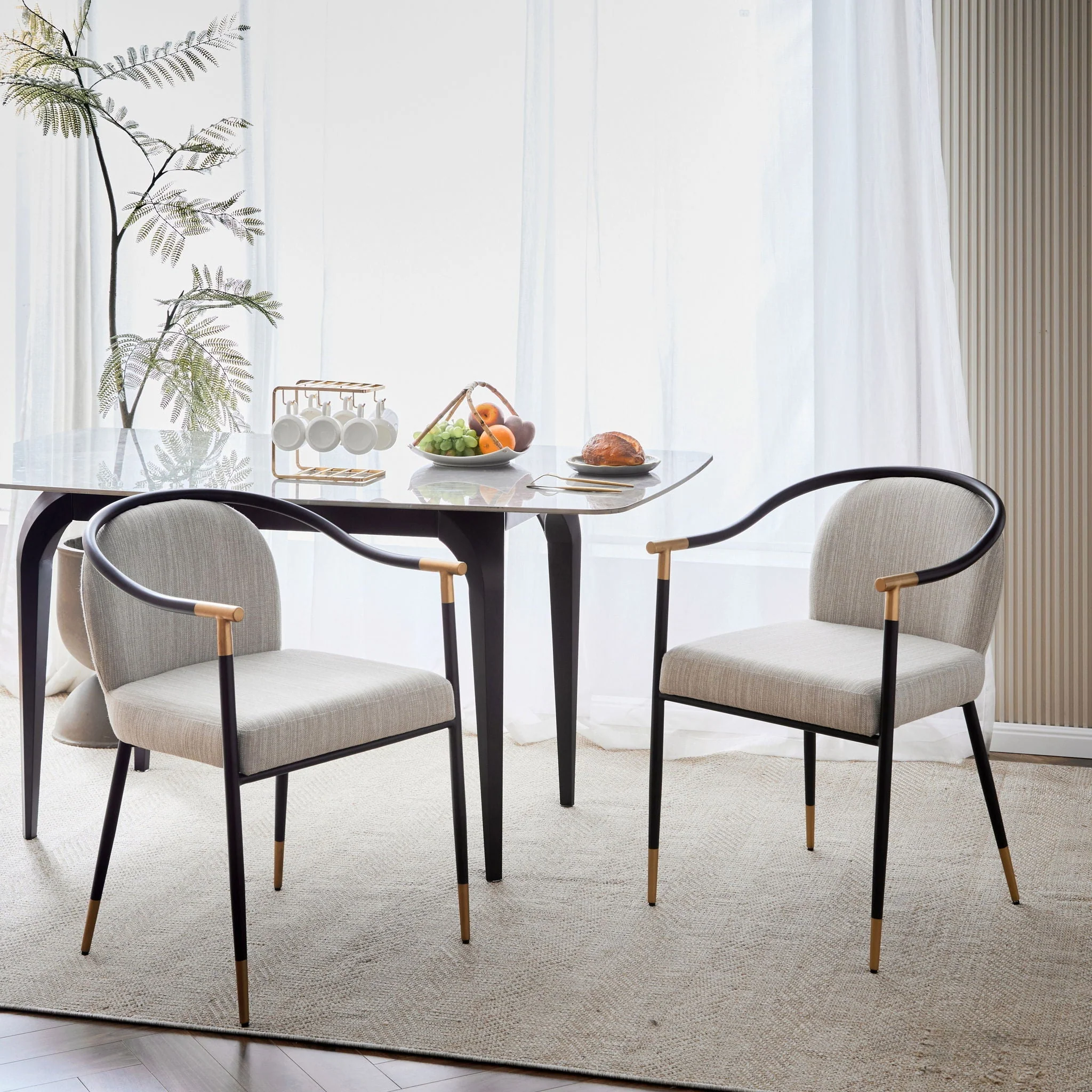 Modern Upholstered Dining Chair Set of 2 - Beige / Black - Image 2