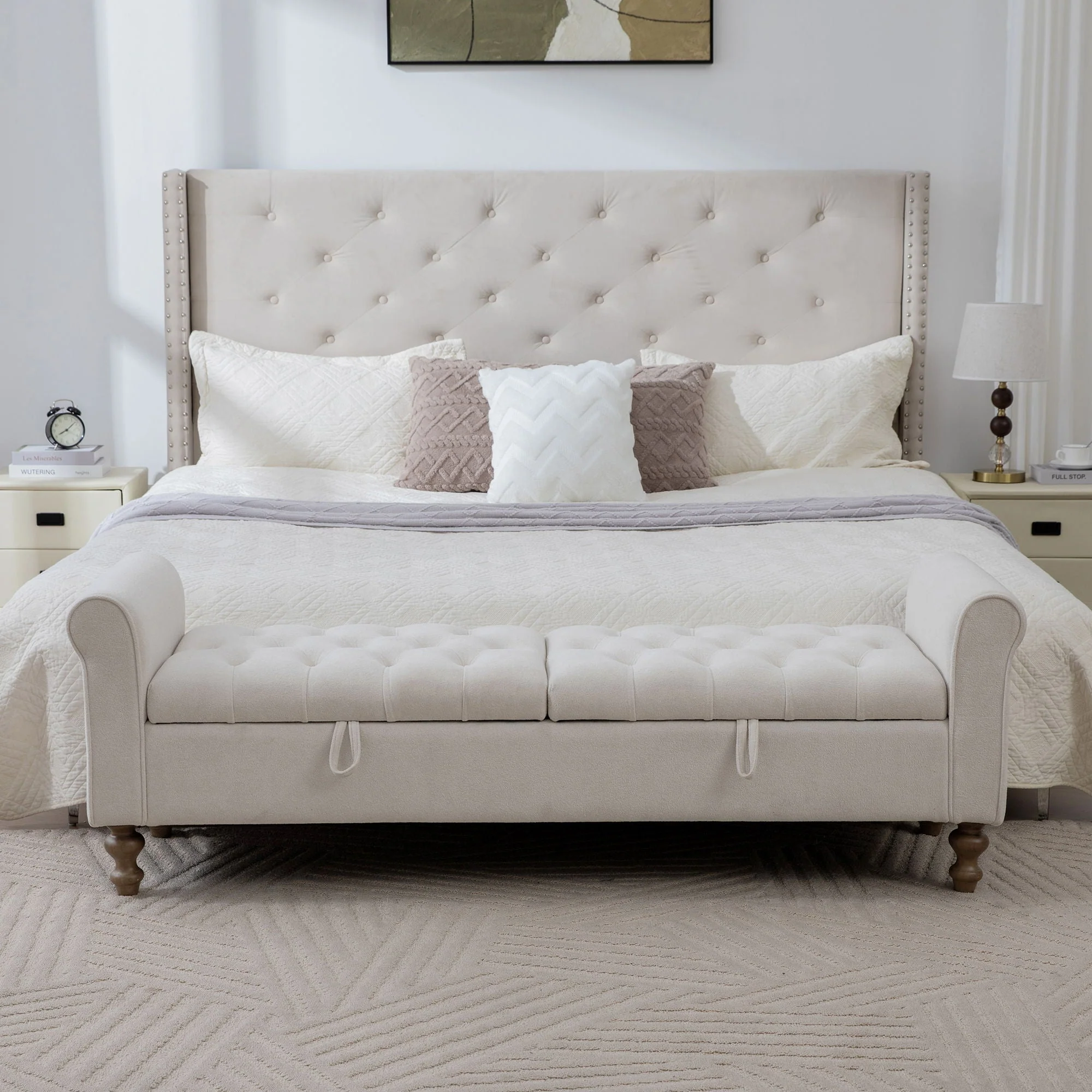 Modern Upholstered Storage Bench With Rolled Armrests] - Image 3