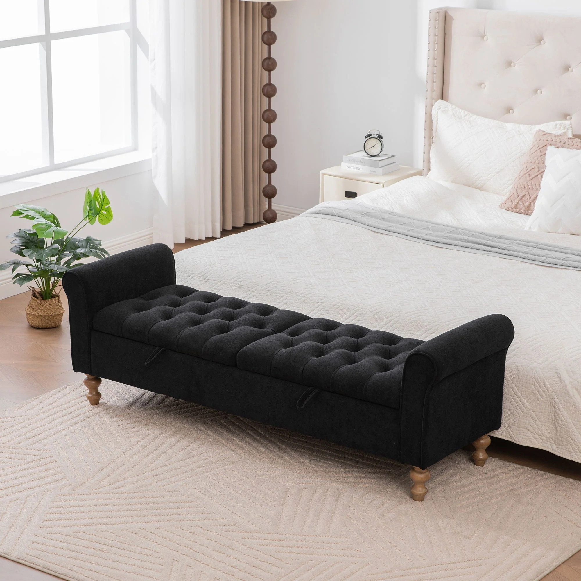 Modern Upholstered Storage Bench With Rolled Armrests] - Image 4