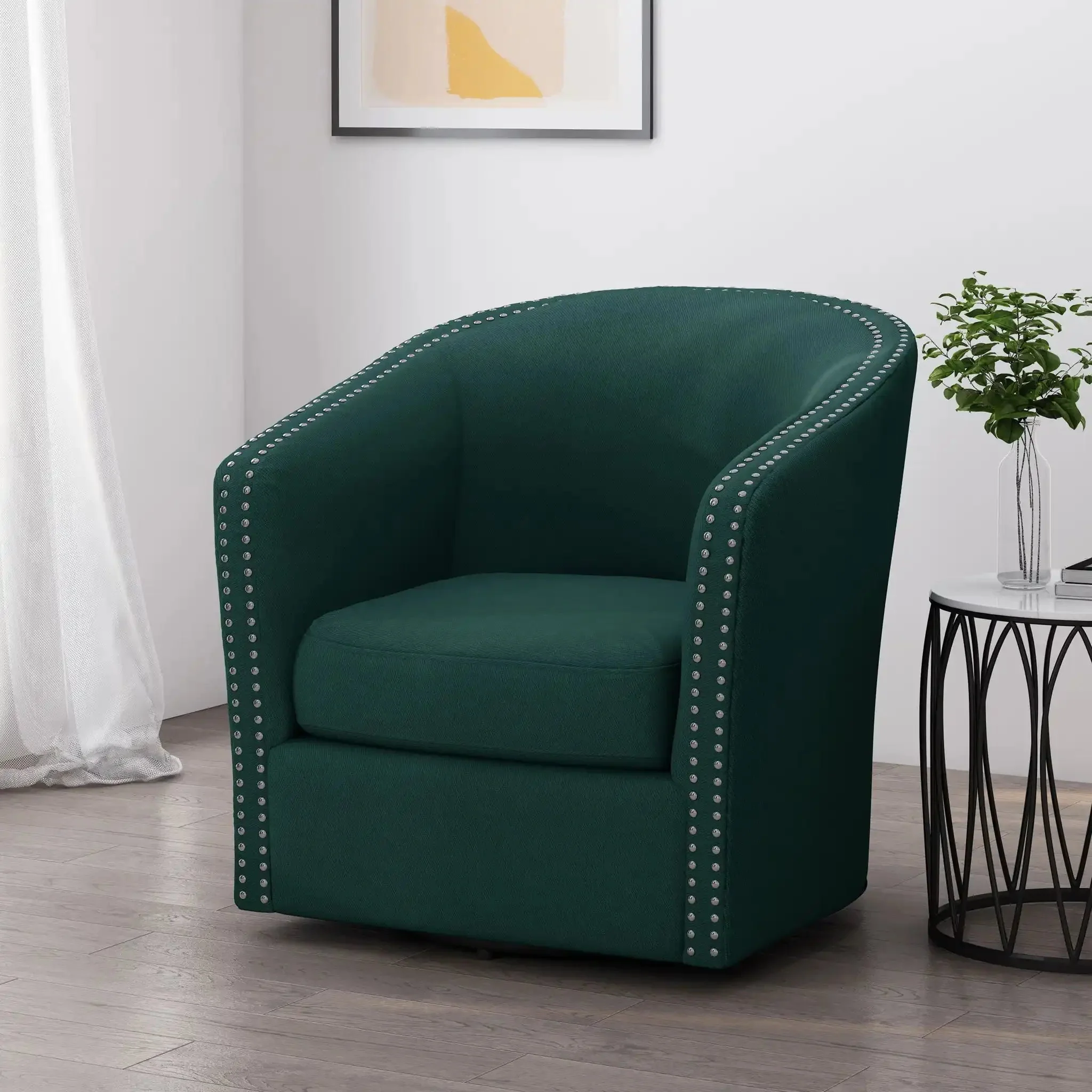 Modern Upholstered Swivel Club Chair With Nailhead Trim - Image 6