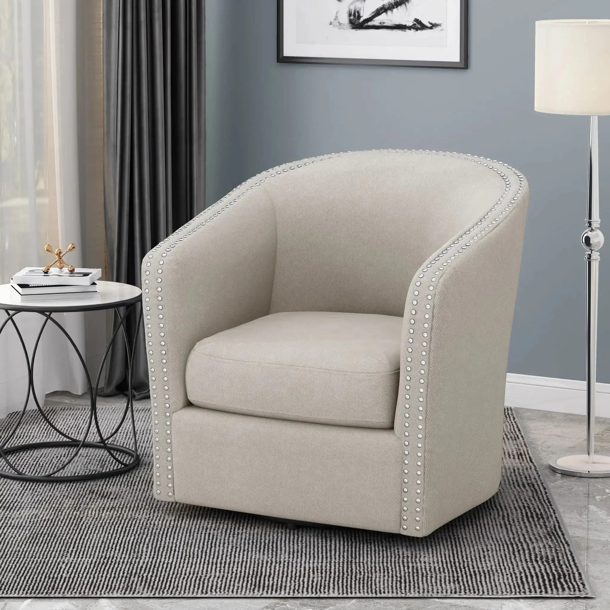 Modern Upholstered Swivel Club Chair With Nailhead Trim - Image 9