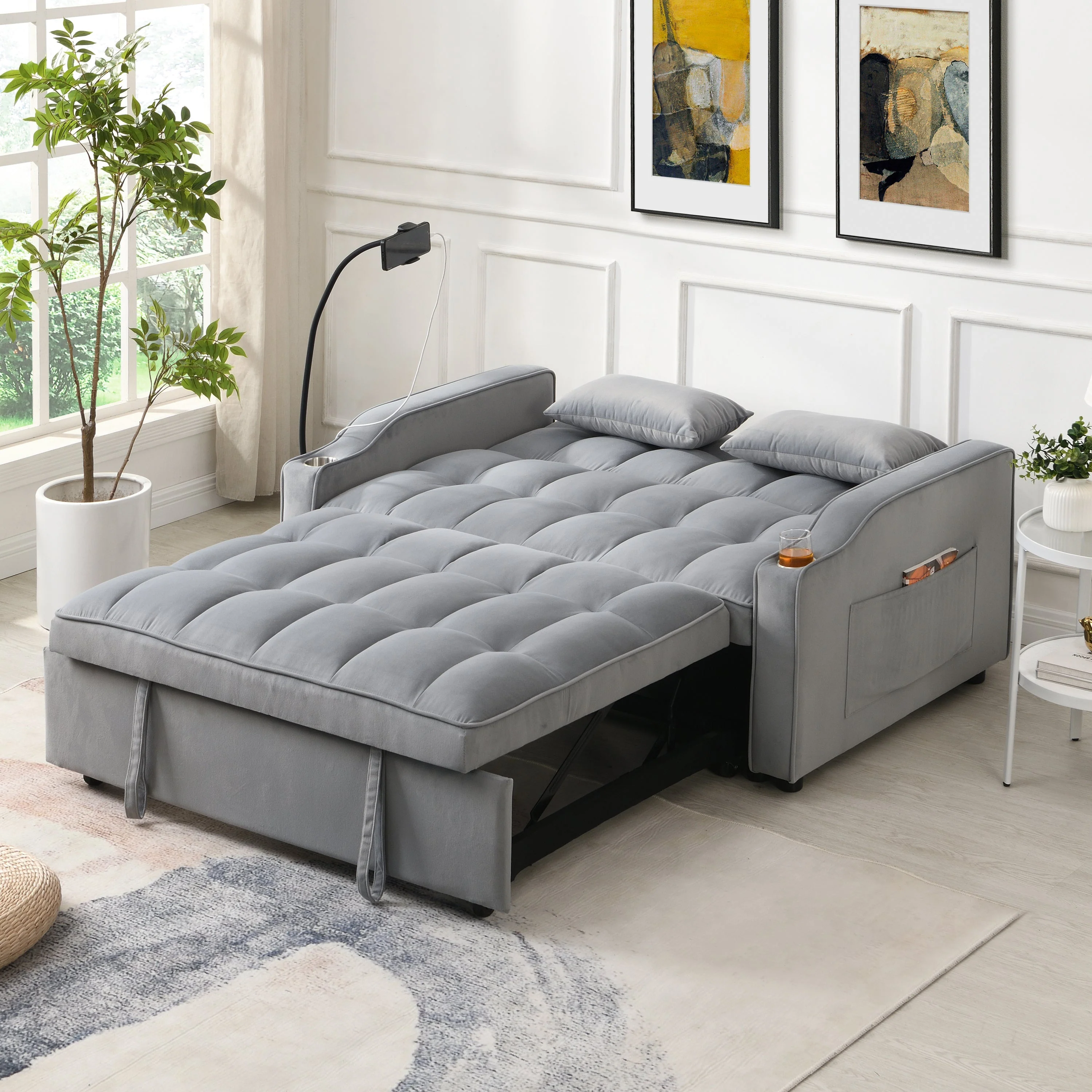 Modern Velvet Loveseat Futon Sofa Couch with Pullout Bed - Image 2