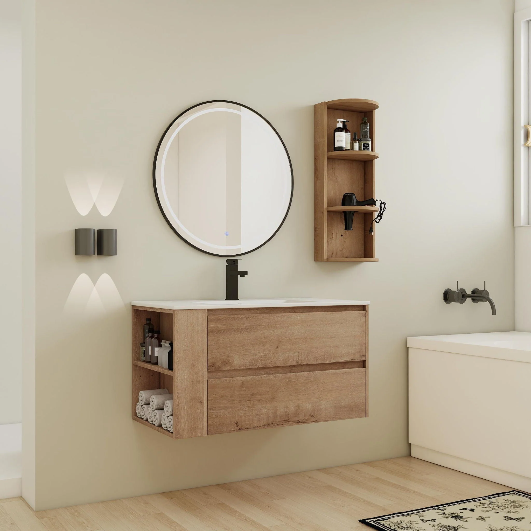 Modern Wall Mounted Bathroom Vanity With Ceramic Sink And Storage Rack, 2 Soft Close Drawers - Image 3