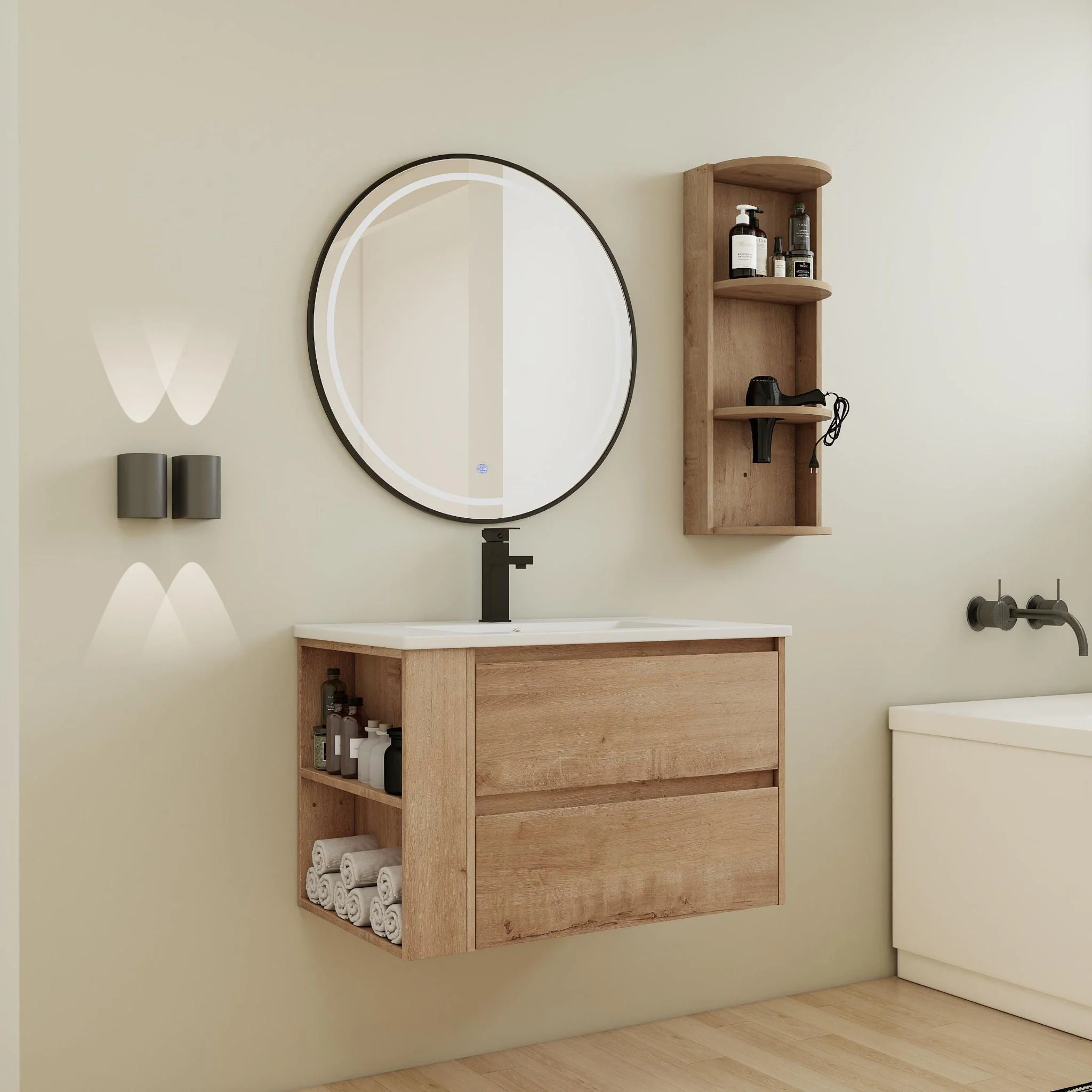 Modern Wall Mounted Bathroom Vanity With Ceramic Sink And Storage Rack, 2 Soft Close Drawers - Image 4