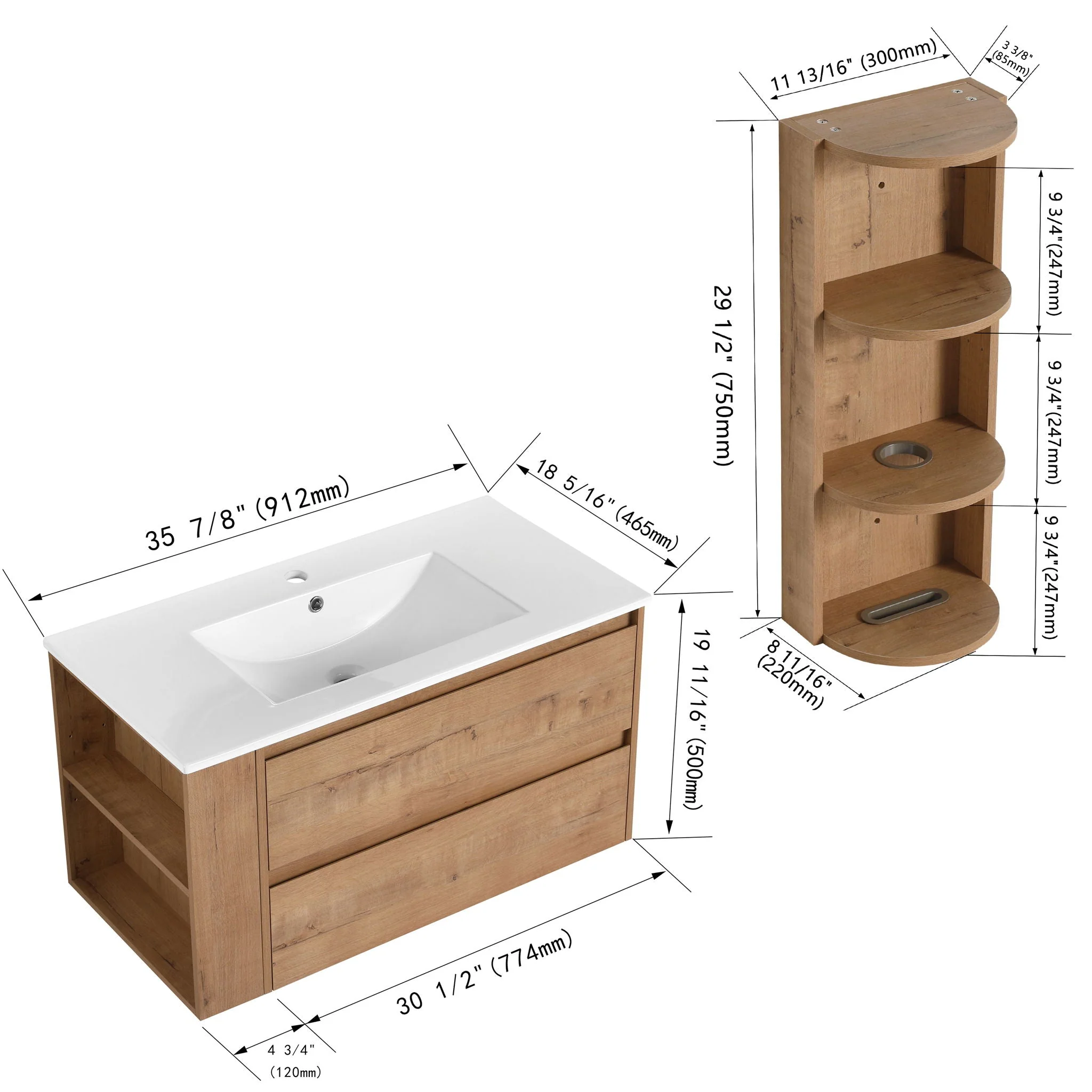 Modern Wall Mounted Bathroom Vanity With Ceramic Sink And Storage Rack, 2 Soft Close Drawers - Image 5