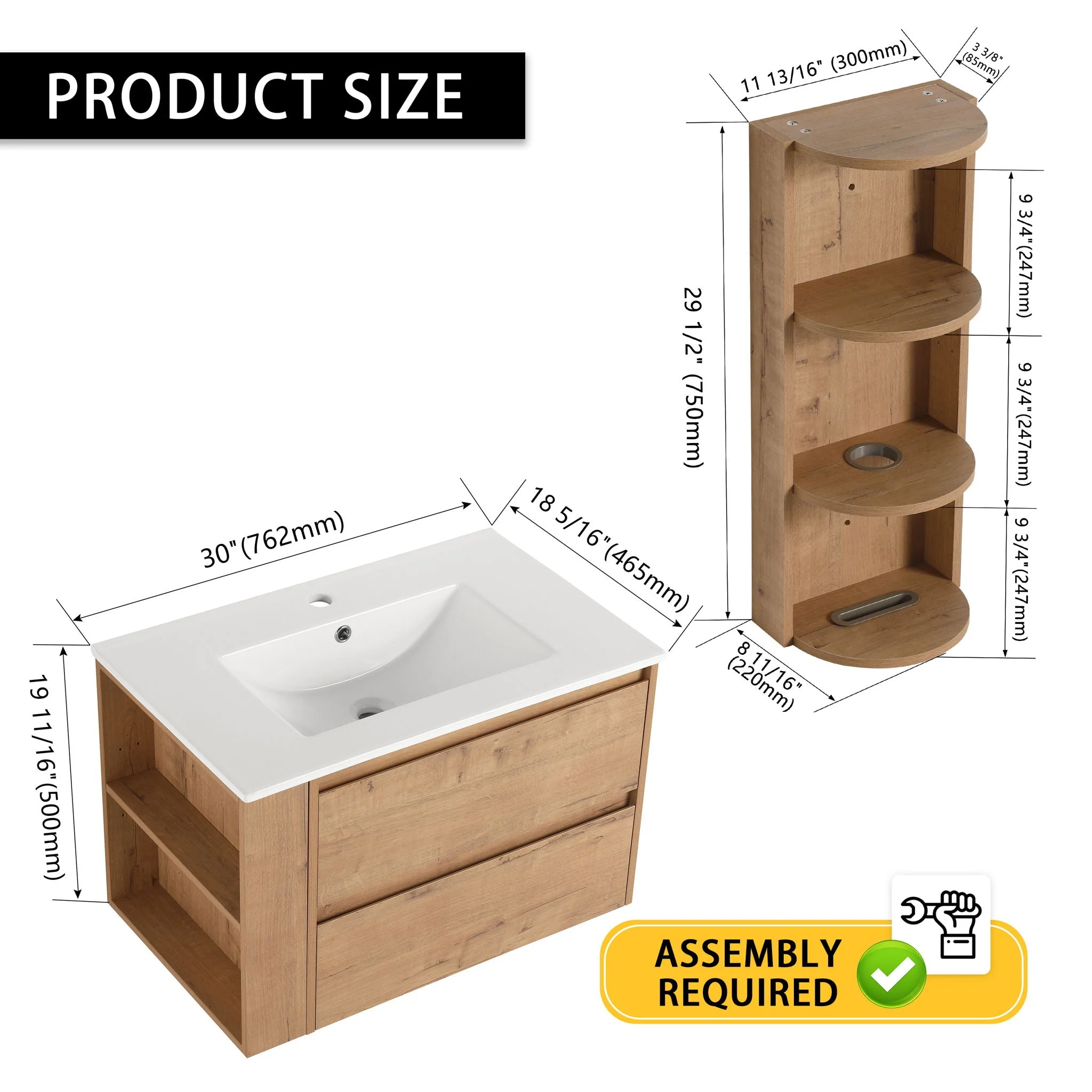 Modern Wall Mounted Bathroom Vanity With Ceramic Sink And Storage Rack, 2 Soft Close Drawers - Image 6